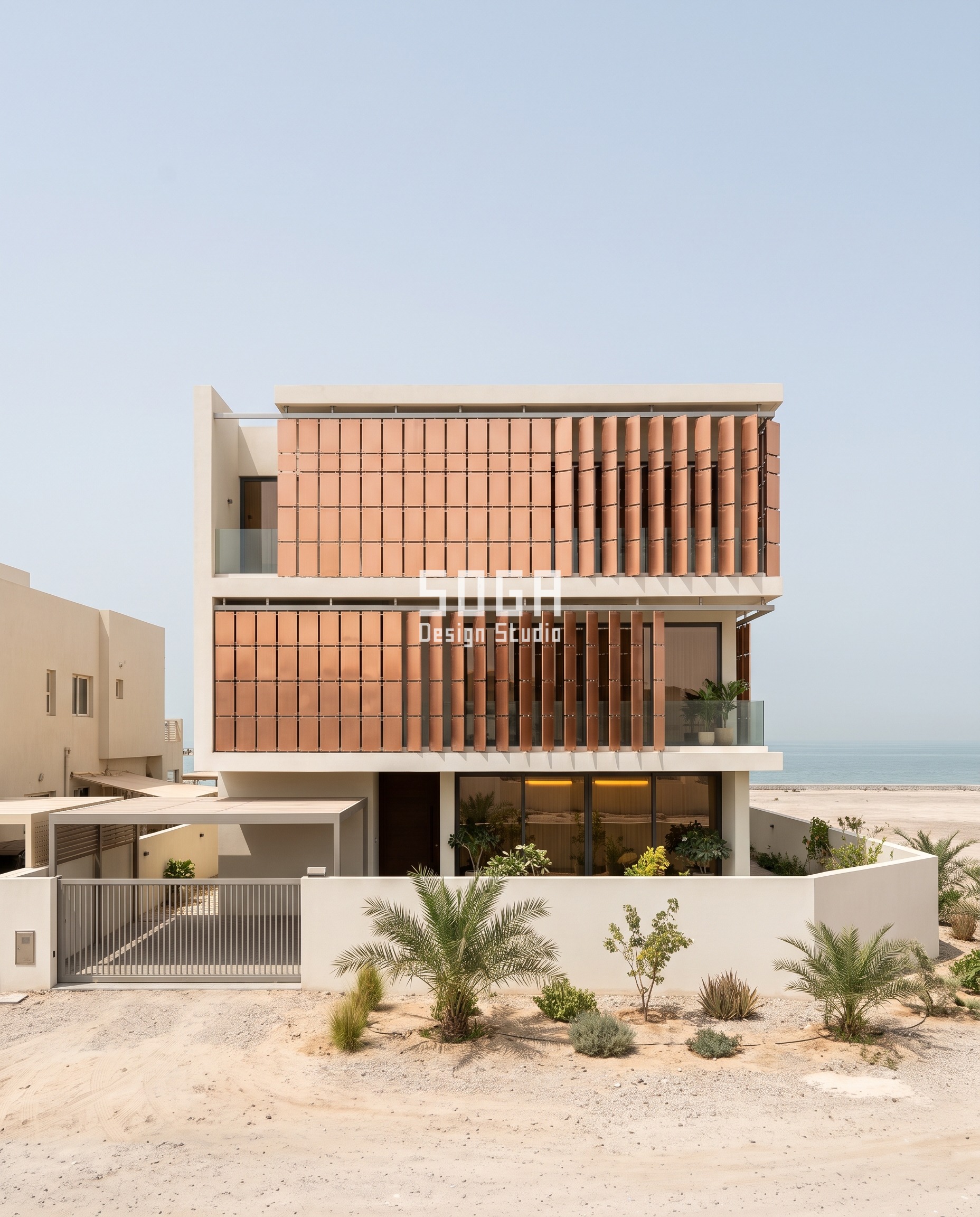 Parametric Windward Cassette villa facade in Al Zahya, Ajman - identical 300 x 600 mm pressed copper-alloy cassettes swung open about their vertical edges from 0 to 25 degrees through six bracket shim angles