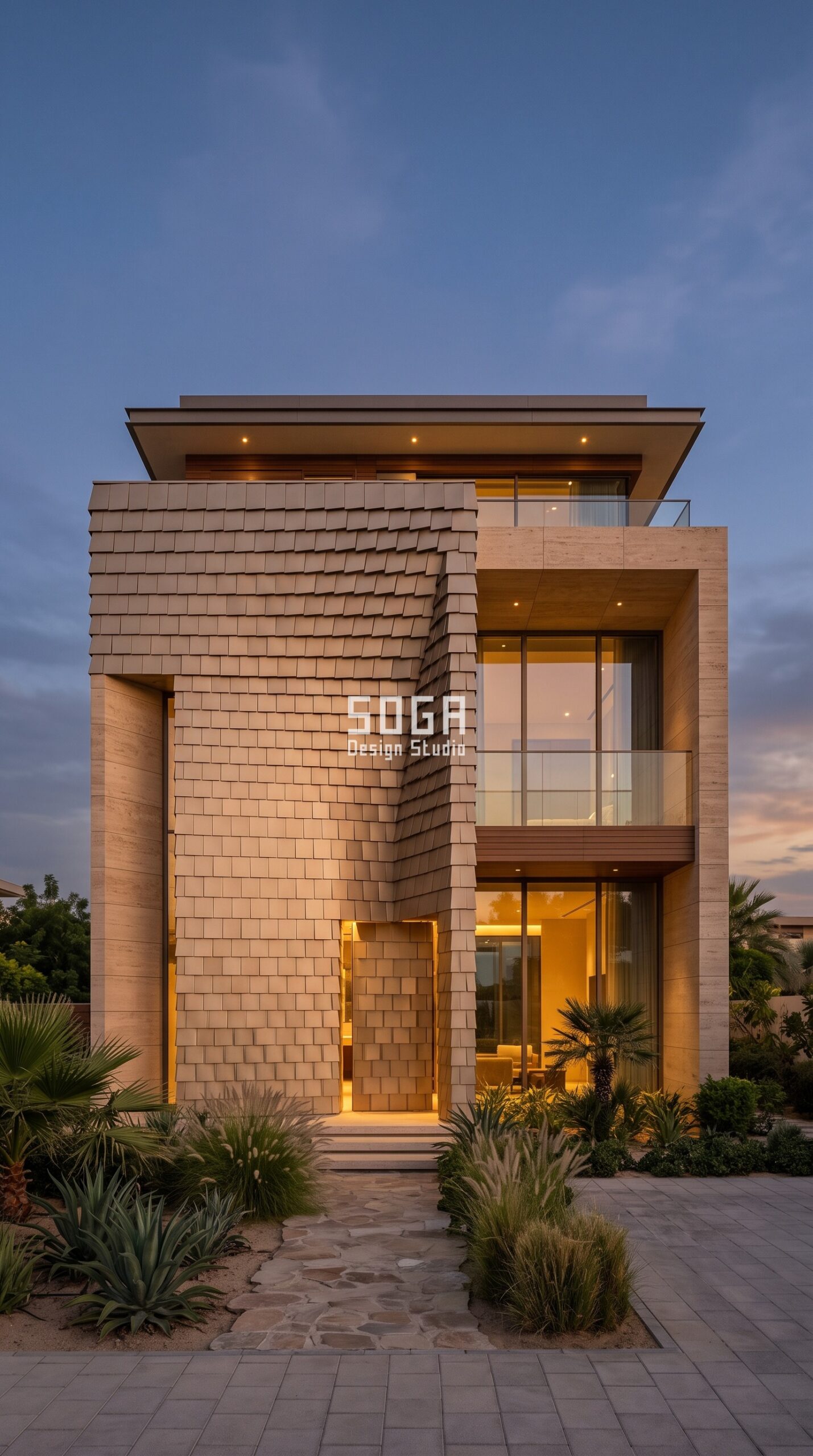 Villa Facade Design Cost: India, Dubai, UAE & Singapore 2026 2 Parametric Scale Shingle champagne anodised villa facade Dubai - SOGA Design Studio