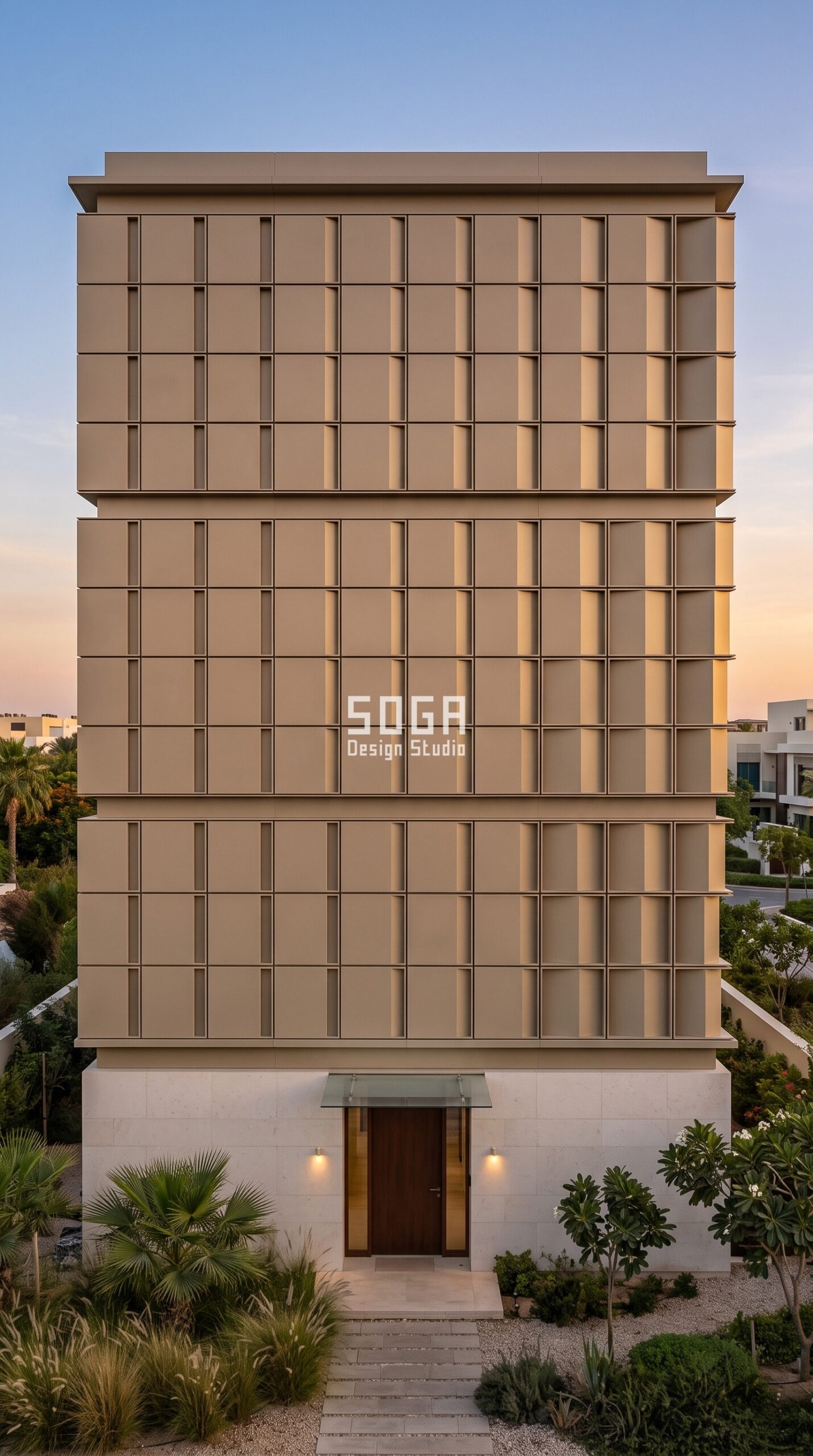 Parametric Shade Coffer sand beige powder-coated aluminium residential facade Dubai - SOGA Design Studio