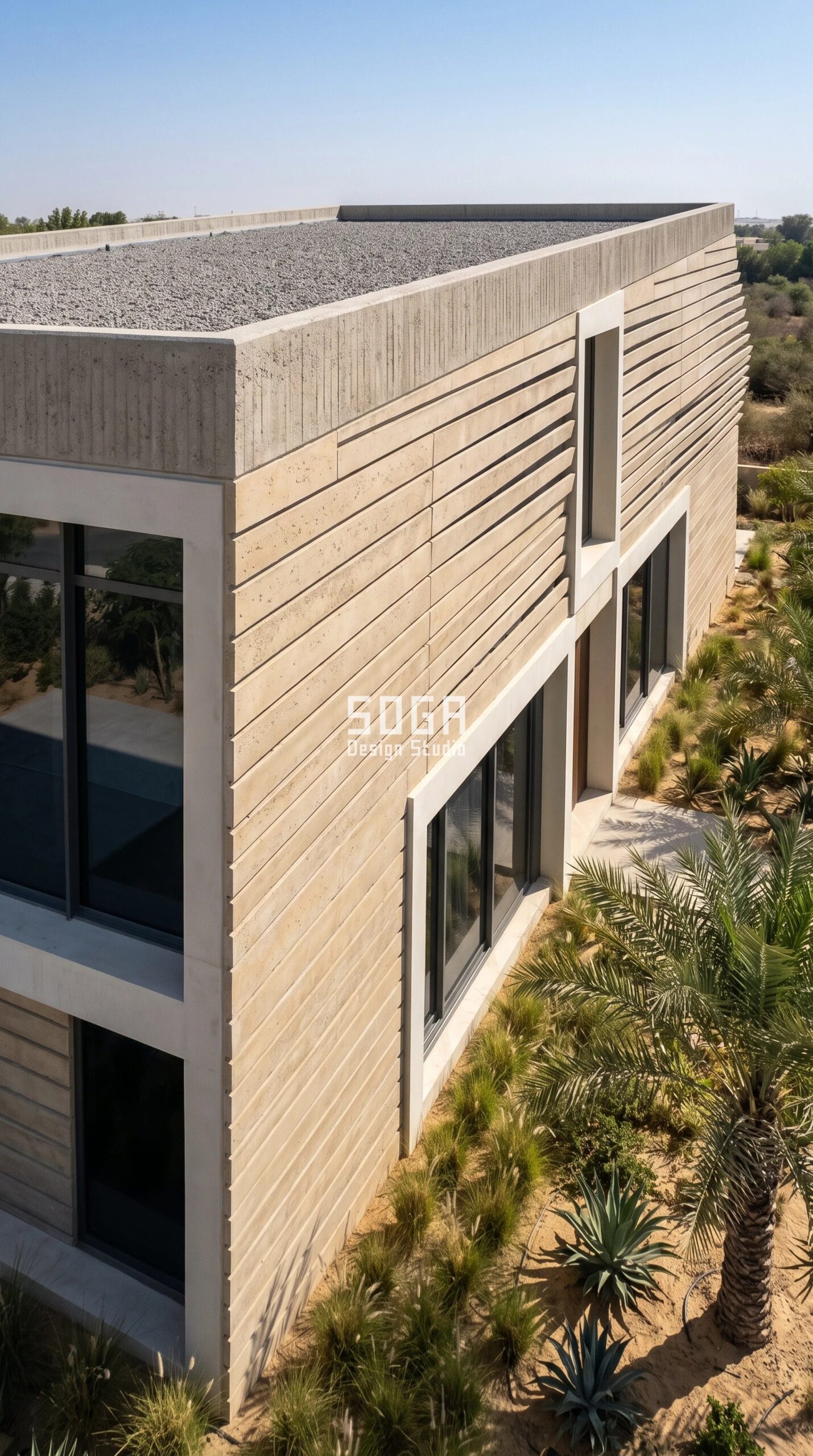 Villa Facade Waterproofing: India, Dubai, Singapore 2026 2 Parametric Tilt-Plank Array sand-cast UHPC open-joint rainscreen villa facade Dubai - SOGA Design Studio