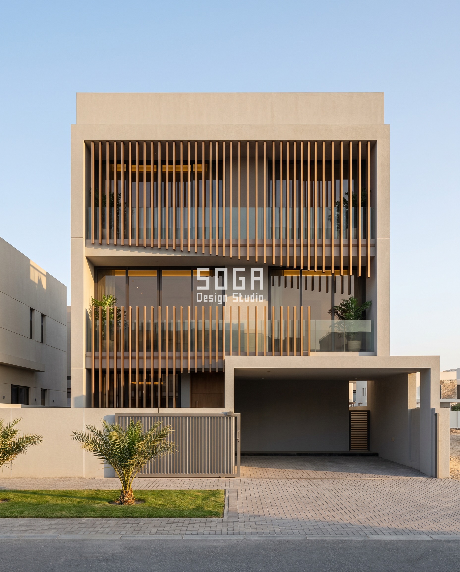 Parametric Tine Comb villa facade in Nad Al Sheba, Dubai - bronze-anodised comb fins at constant 220 mm centres whose lengths grow from 900 mm to 2,900 mm, the free ends drawing one smooth curve