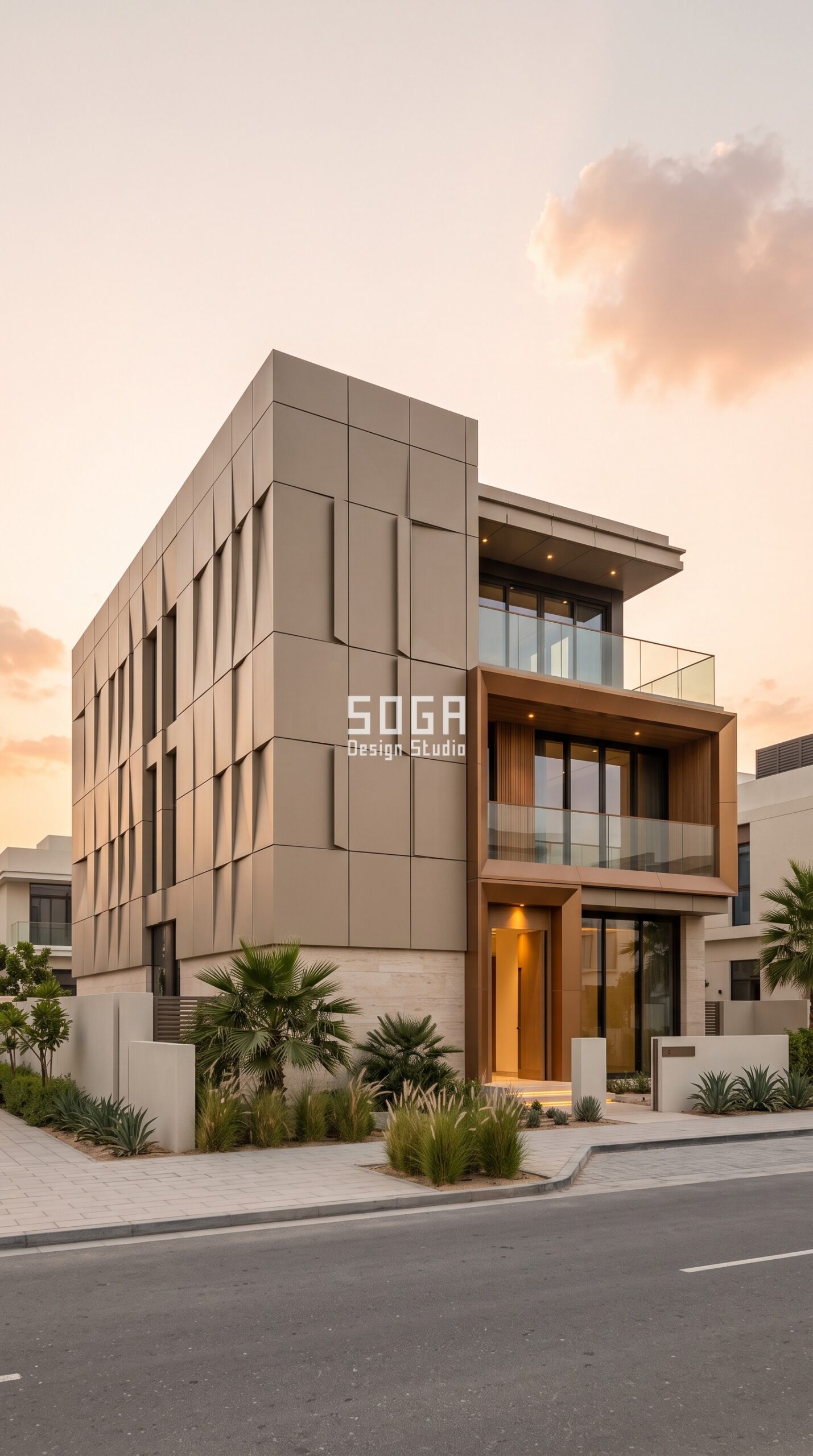 Parametric Notch Cassette sand-beige aluminium residential facade Dubai - SOGA Design Studio