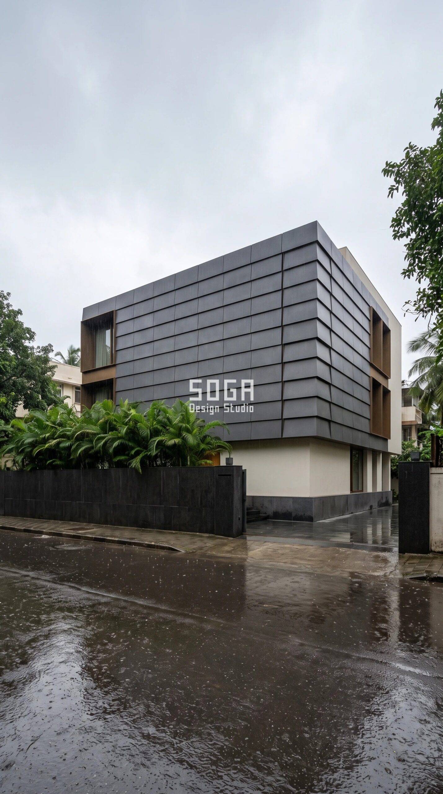 Villa Facade Waterproofing: India, Dubai, Singapore 2026 11 Parametric Lapped Cassette Wall PVDF matte metal rainscreen villa facade Mumbai monsoon - SOGA Design Studio