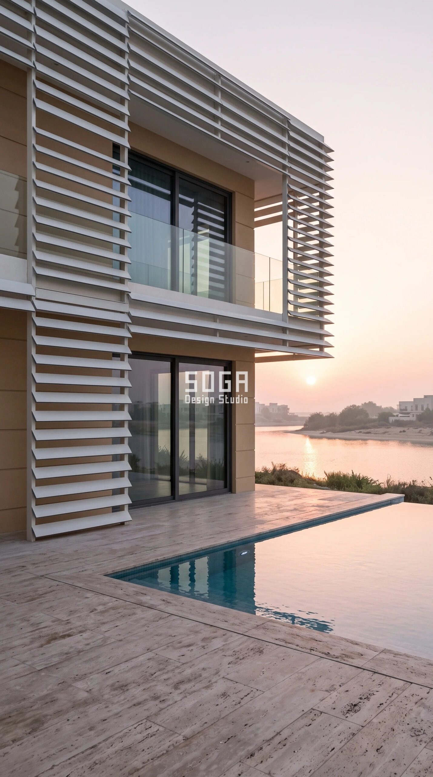 Villa Facade Waterproofing: India, Dubai, Singapore 2026 4 Parametric Salt-Break Blade Course marine-grade alloy blade rainscreen villa facade Ras Al Khaimah waterfront - SOGA Design Studio