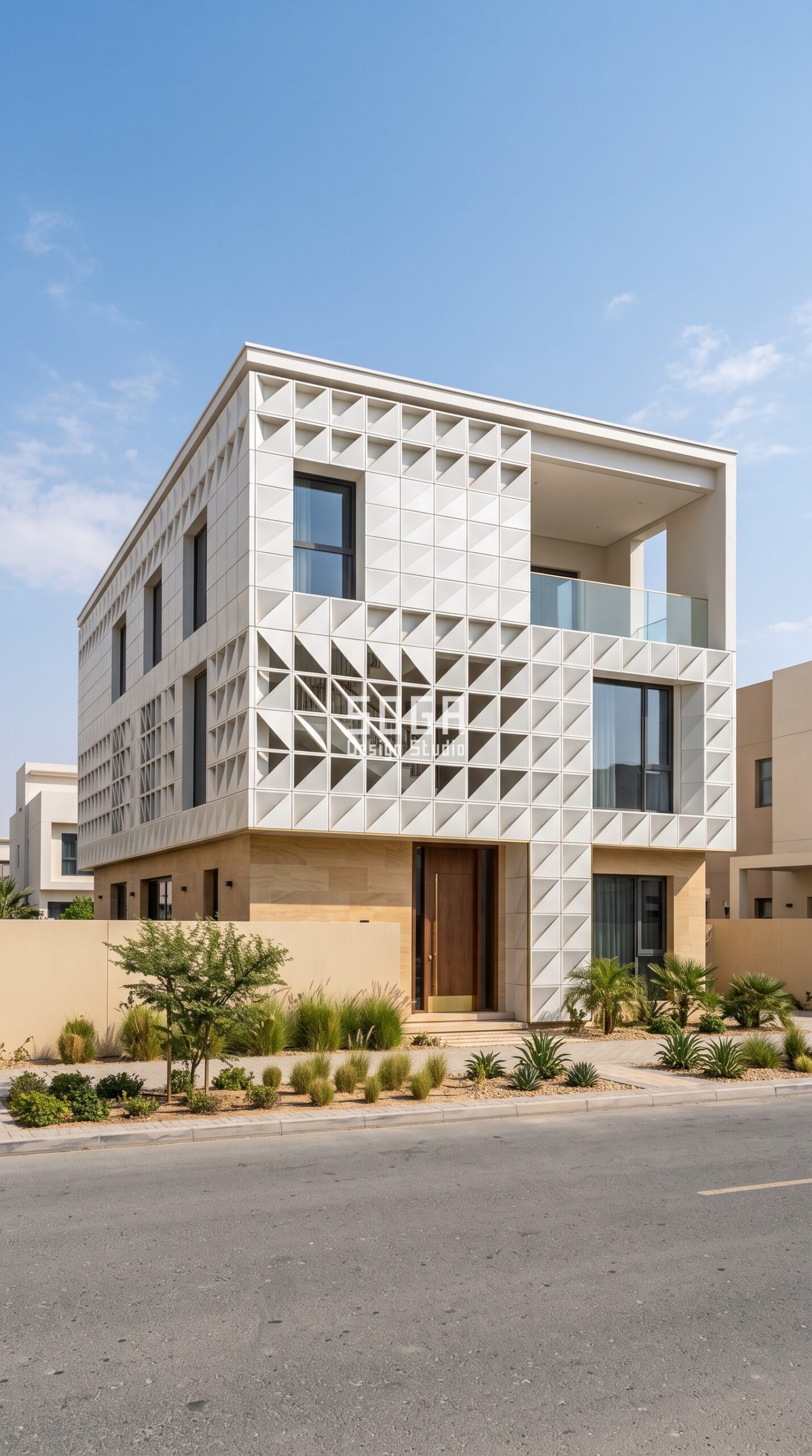 Parametric Prism Screen pearl-white aluminium residential facade Sharjah - SOGA Design Studio