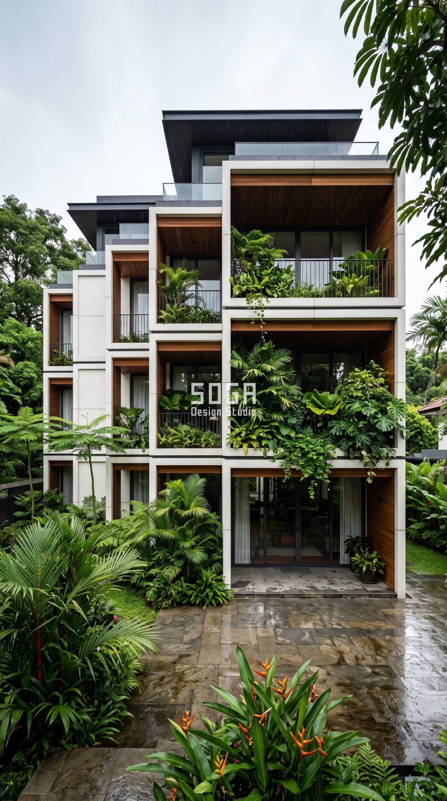 Villa Facade Design Cost: India, Dubai, UAE & Singapore 2026 3 Parametric Terrace Pixel planted cast-stone house facade Singapore - SOGA Design Studio