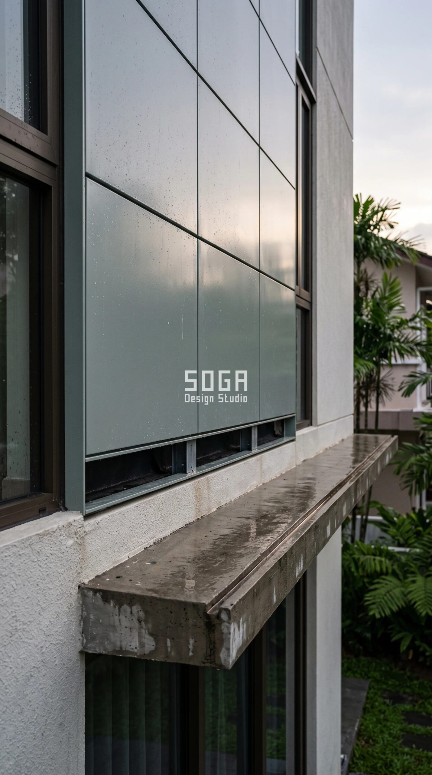 Villa Facade Waterproofing: India, Dubai, Singapore 2026 3 Parametric Vent-Gap Panel Screen back-ventilated honeycomb metal rainscreen villa facade Singapore - SOGA Design Studio