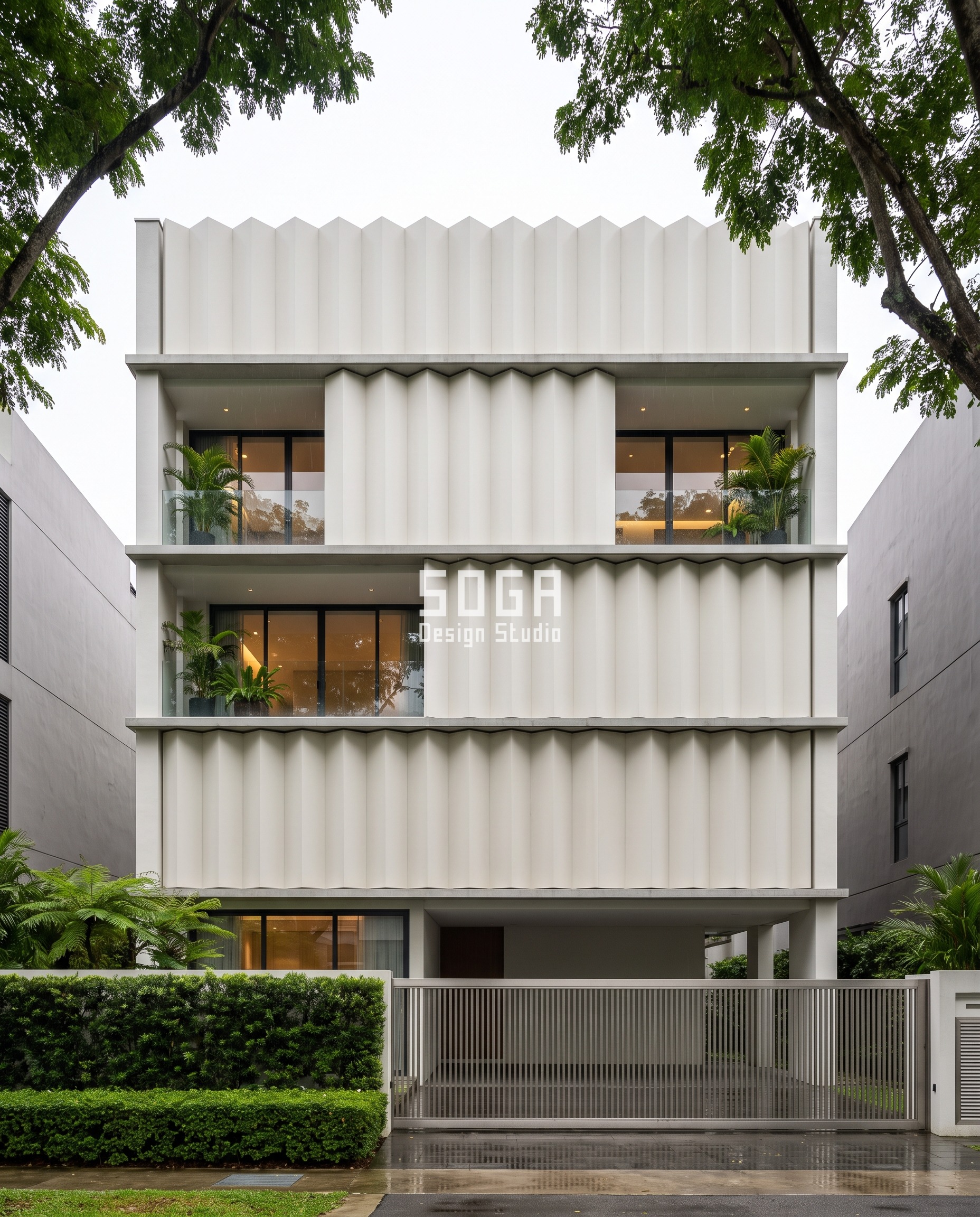 Parametric Counterphase Pleat landed-house facade in Serangoon Gardens, Singapore - 1,200 mm folded PVDF-coated pleats stepped a quarter cycle per band so the ridges walk up the face