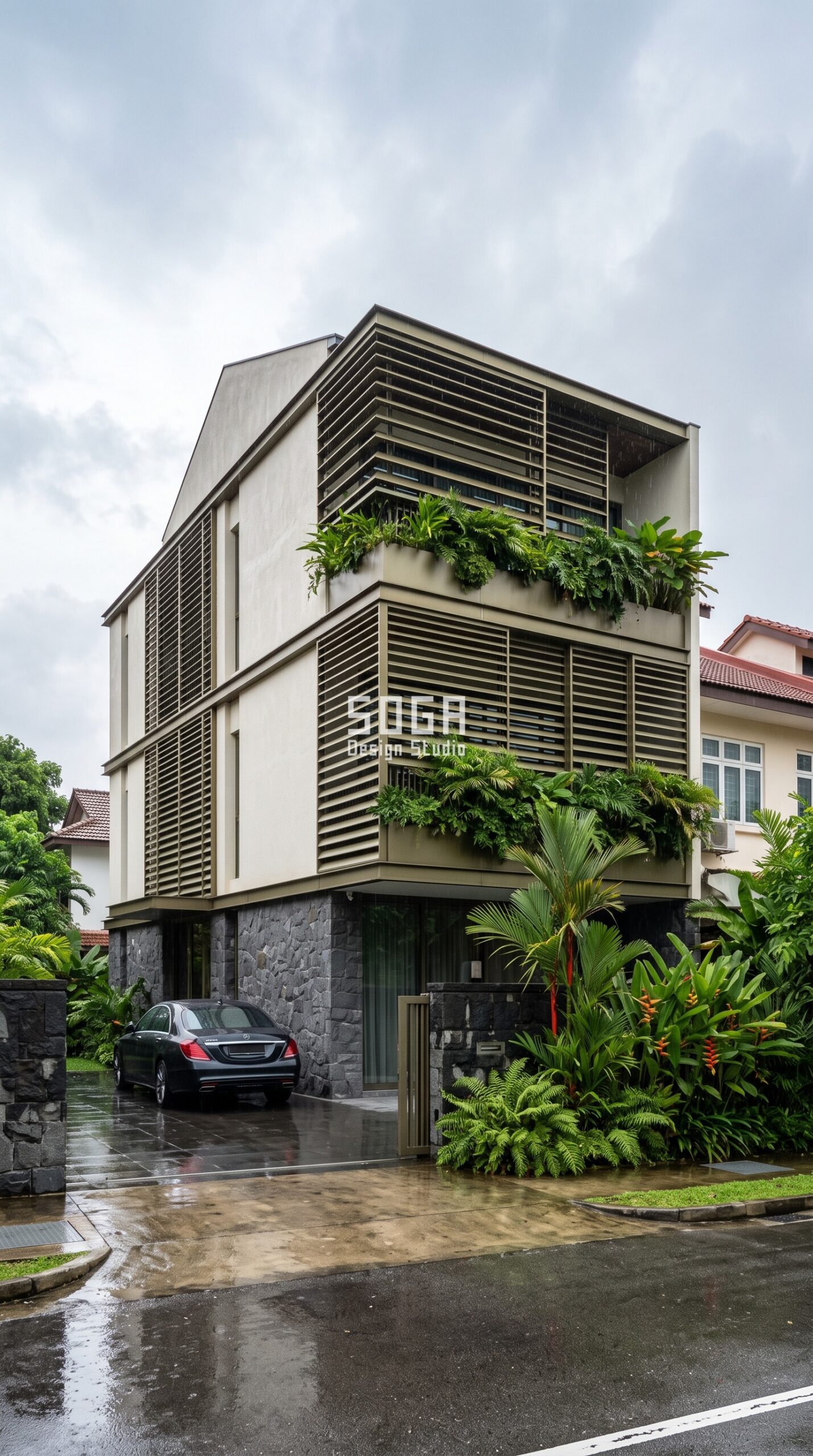 Parametric Frond Louvre olive-bronze aluminium residential facade Singapore - SOGA Design Studio