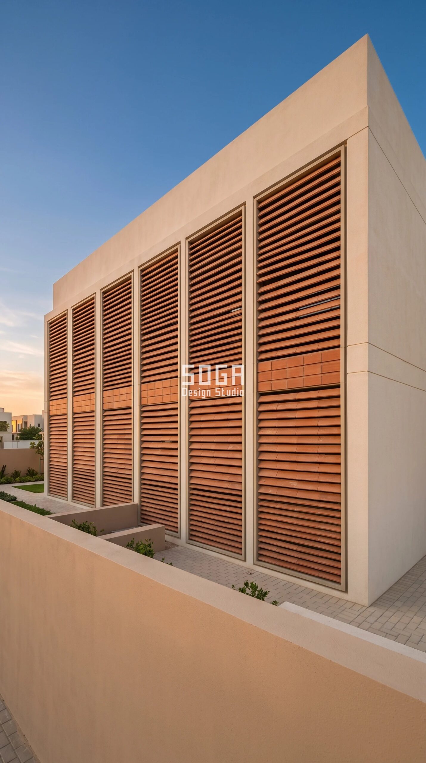 Parametric Barrier-Joint Baguette Field kiln-natural terracotta rainscreen with cavity barrier capping courses on a G+1 Dubai compound villa - SOGA Design Studio