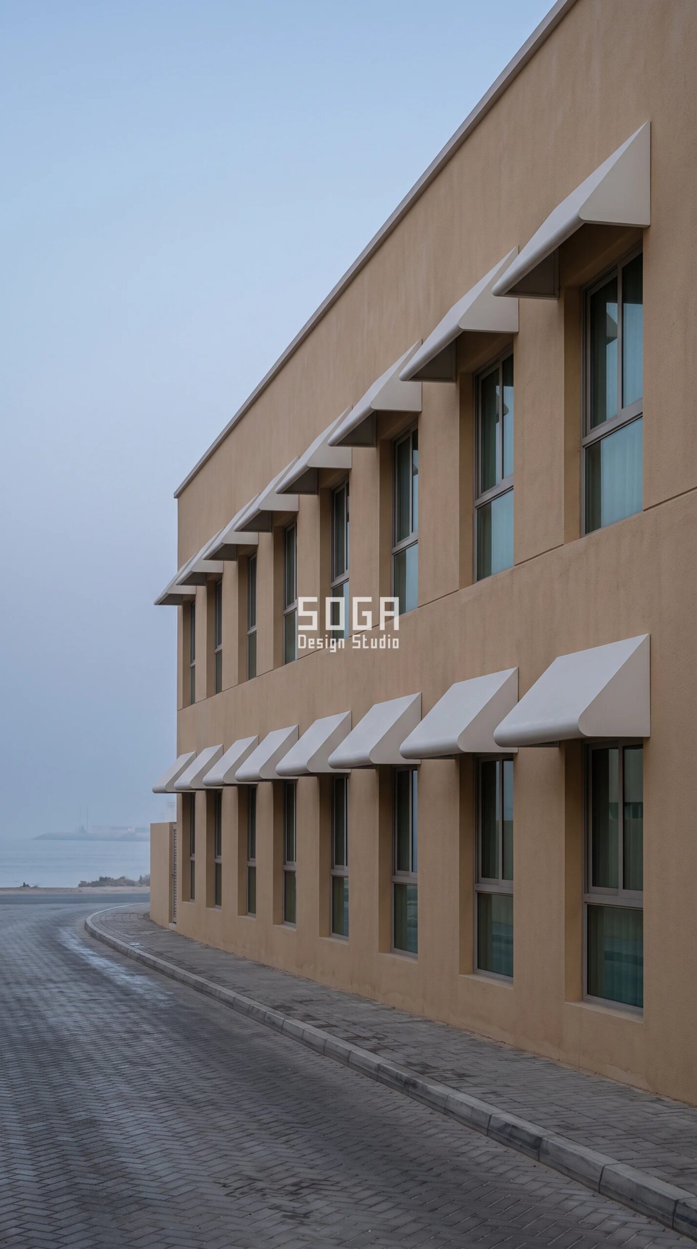 Parametric Edge-Radius Hood Array oyster-white marine-grade pressed window hoods with SEASIDE-endorsed coating on a G+1 Sharjah sea-facing villa - SOGA Design Studio
