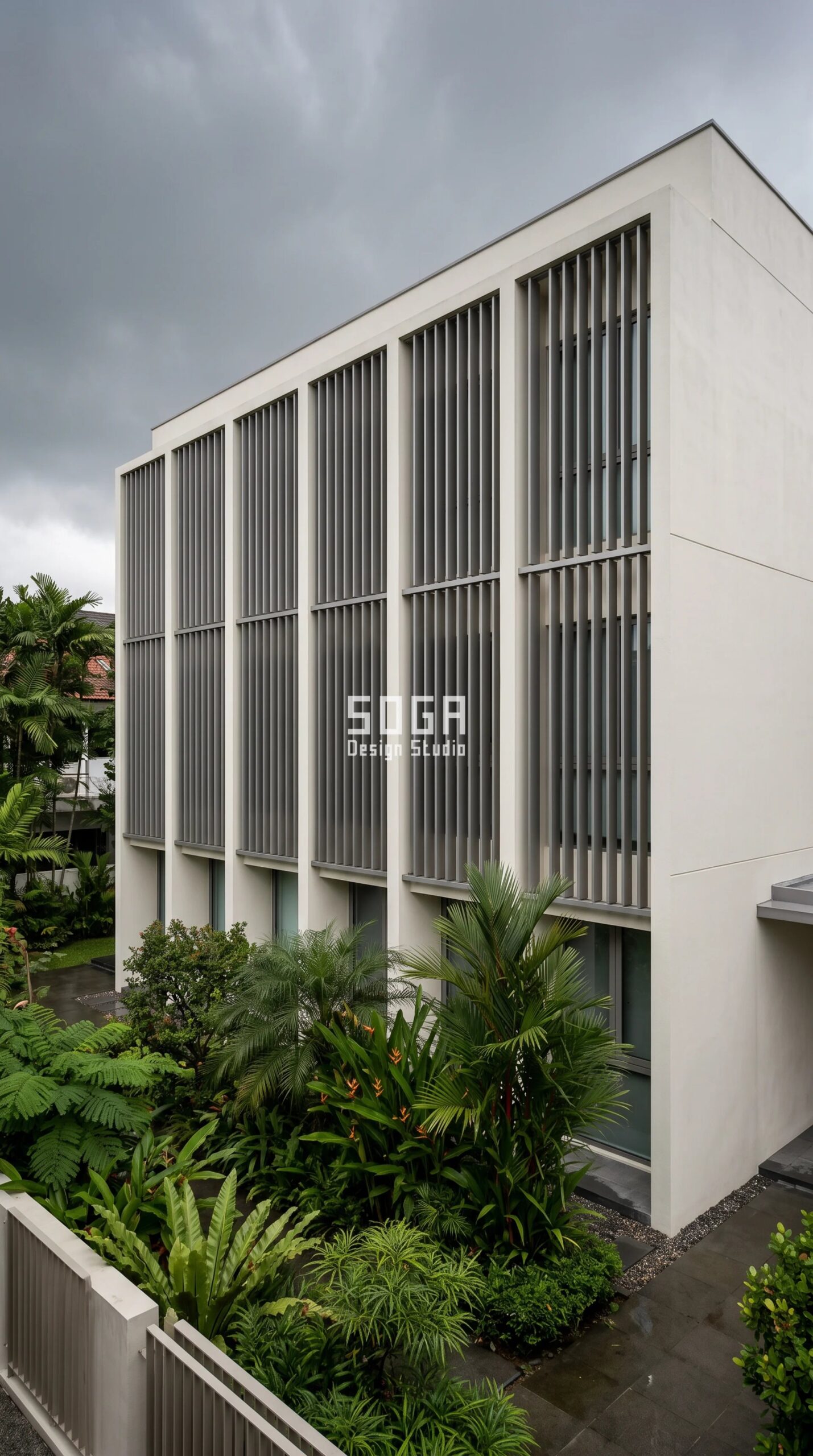 Parametric Cavity-Step Louvre Bay pewter AA25 anodised blade screen on a G+2 Singapore detached landed house, brackets left inspectable - SOGA Design Studio