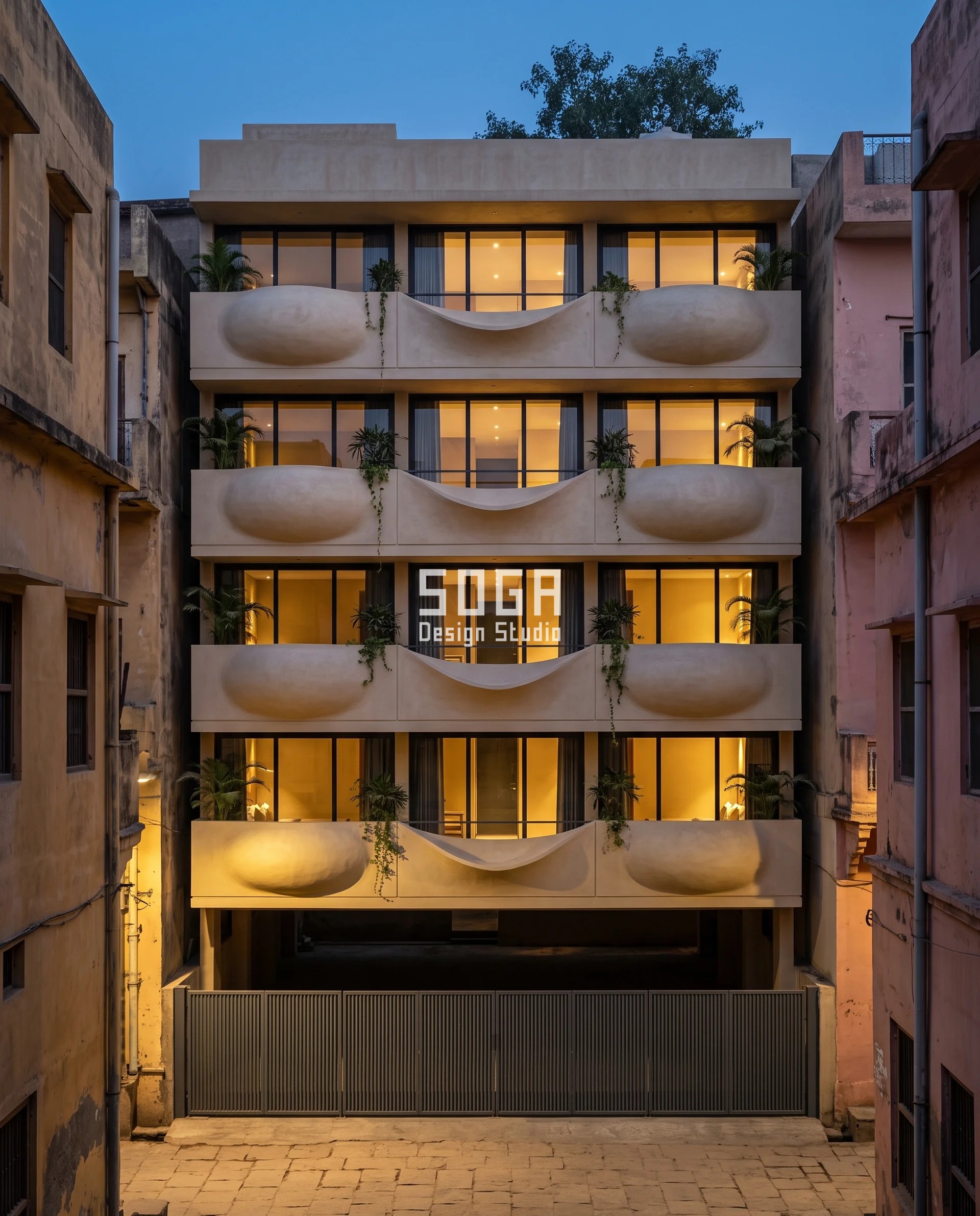 Developable vs Double Curvature Facade India: Fix the Sign 5 Blue-hour long-lens elevation of a G+4 Varanasi guesthouse whose cream-buff ferrocement facade ribbon swells outward, flattens along a straight line, then hollows into a saddle on every floor, so the Gaussian curvature changes sign three times across each band while the slab lines behind stay dead straight.
