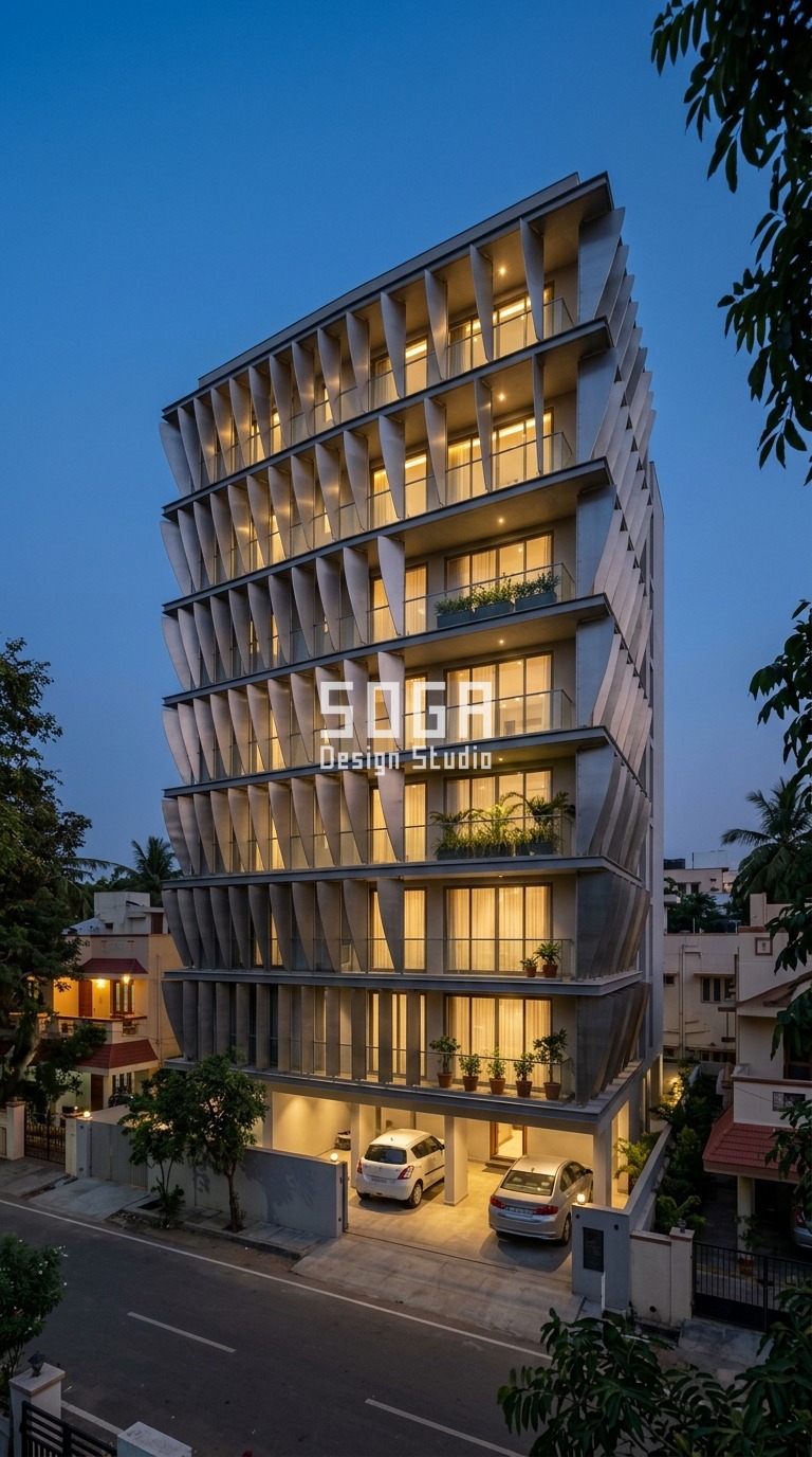 Society Permission to Change Flat Elevation India 2026 1 Parametric Plume Weave brushed stainless steel facade, RS Puram, Coimbatore - SOGA Design Studio