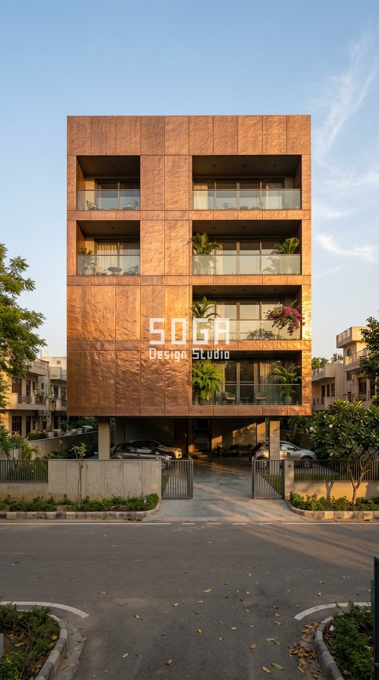 Society Permission to Change Flat Elevation India 2026 4 Parametric Soffit Pulse hand-hammered antique copper facade, Gurugram - SOGA Design Studio