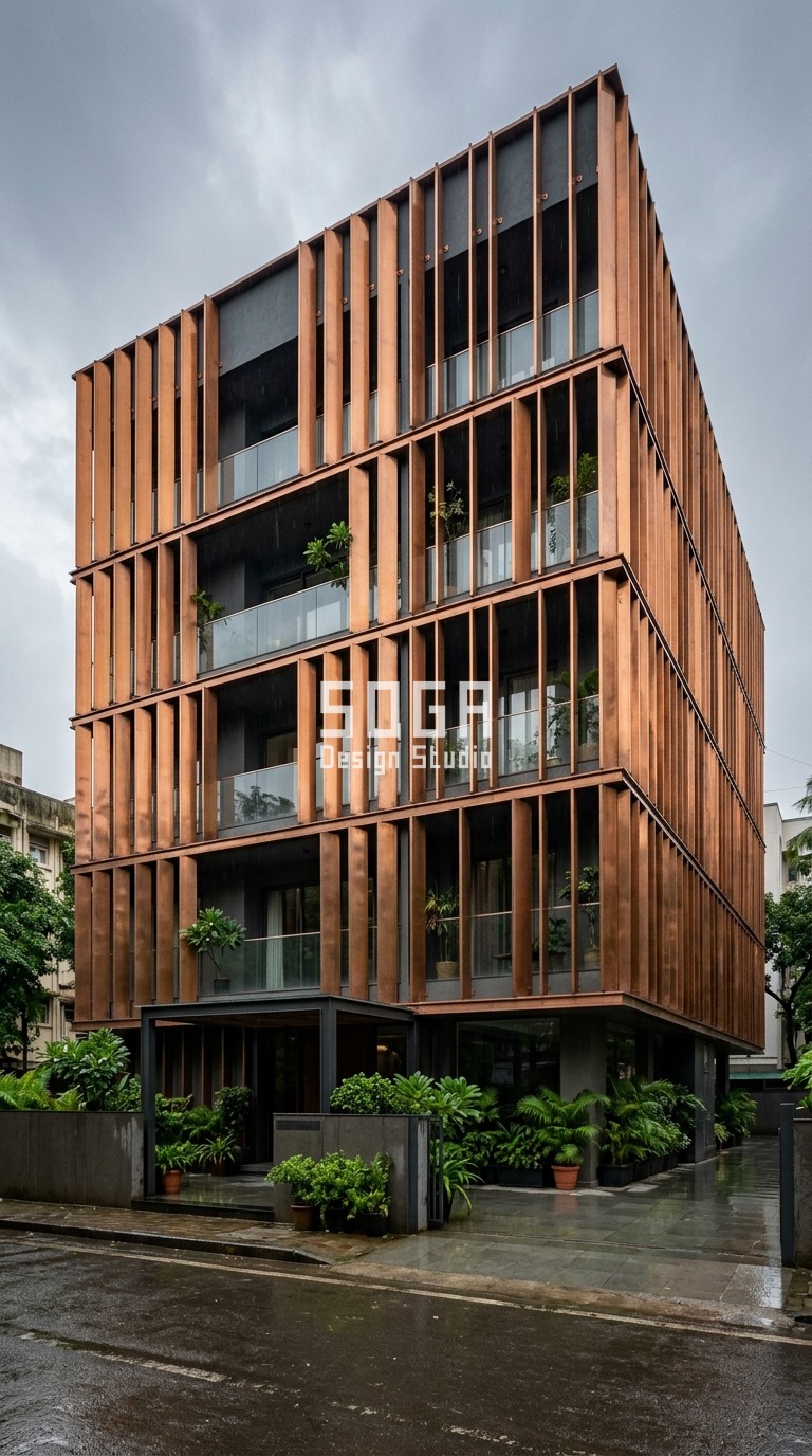 Society Permission to Change Flat Elevation India 2026 2 Parametric Camber Shell burnished honey copper sheeting facade, Lower Parel, Mumbai - SOGA Design Studio