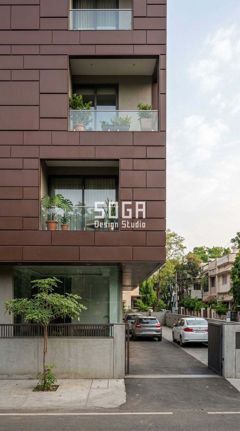 Society Permission to Change Flat Elevation India 2026 3 Parametric Course Grid ral 8016 mahogany brown steel facade, Civil Lines, Nagpur - SOGA Design Studio