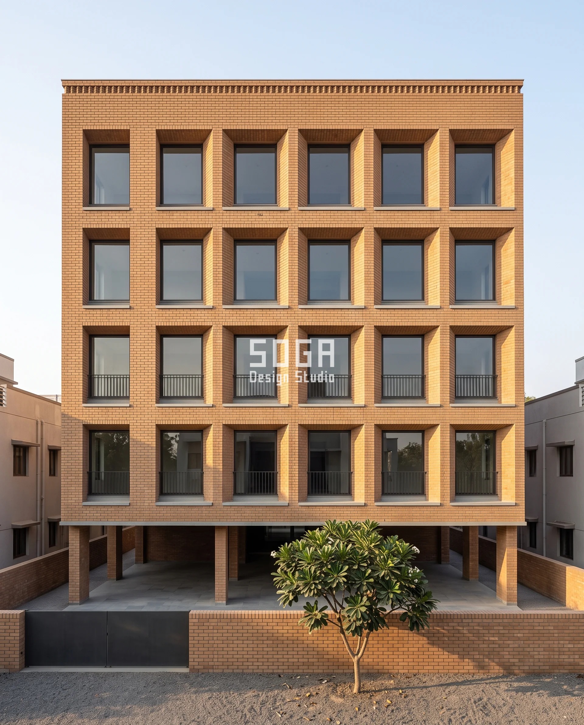 Wide honey-buff brick frontage in Anand seen square on, the sunlit splayed reveal cheek widening bay by bay beside windows of identical size - splayed brick reveals reduce sun glare at a living room window in India