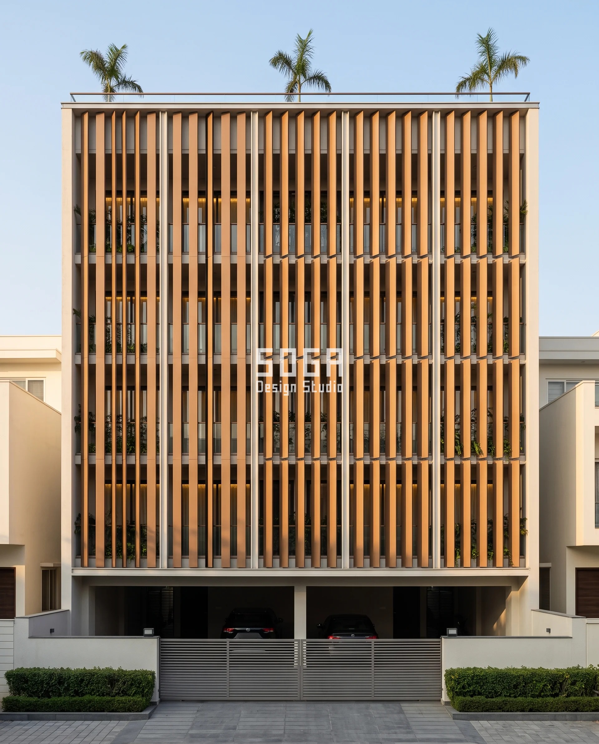 Facade Screen Without Making the Room Dark: India Numbers 1 Chestnut-tan aluminium blade screen on a six-storey Rohtak residence, alternate blades pushed forward bay by bay across the front - a facade screen without making the room dark, India.