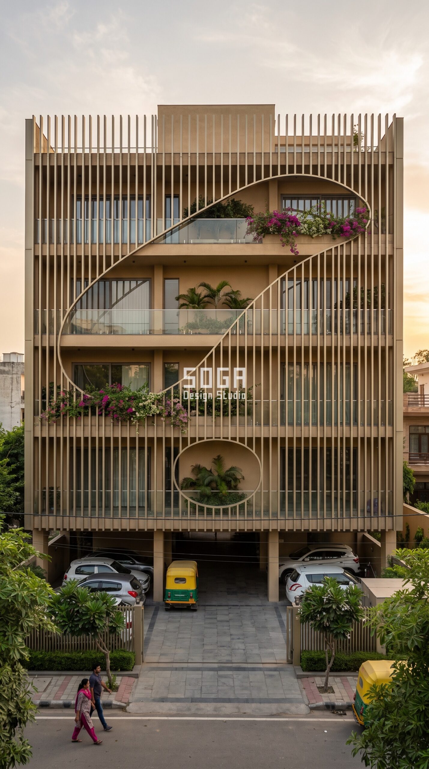 Stilt Parking House Facade Design India 2026 9 Vertical fin screen with flowing voids in architectural metal - stilt parking house facade design Bhopal - SOGA Design Studio
