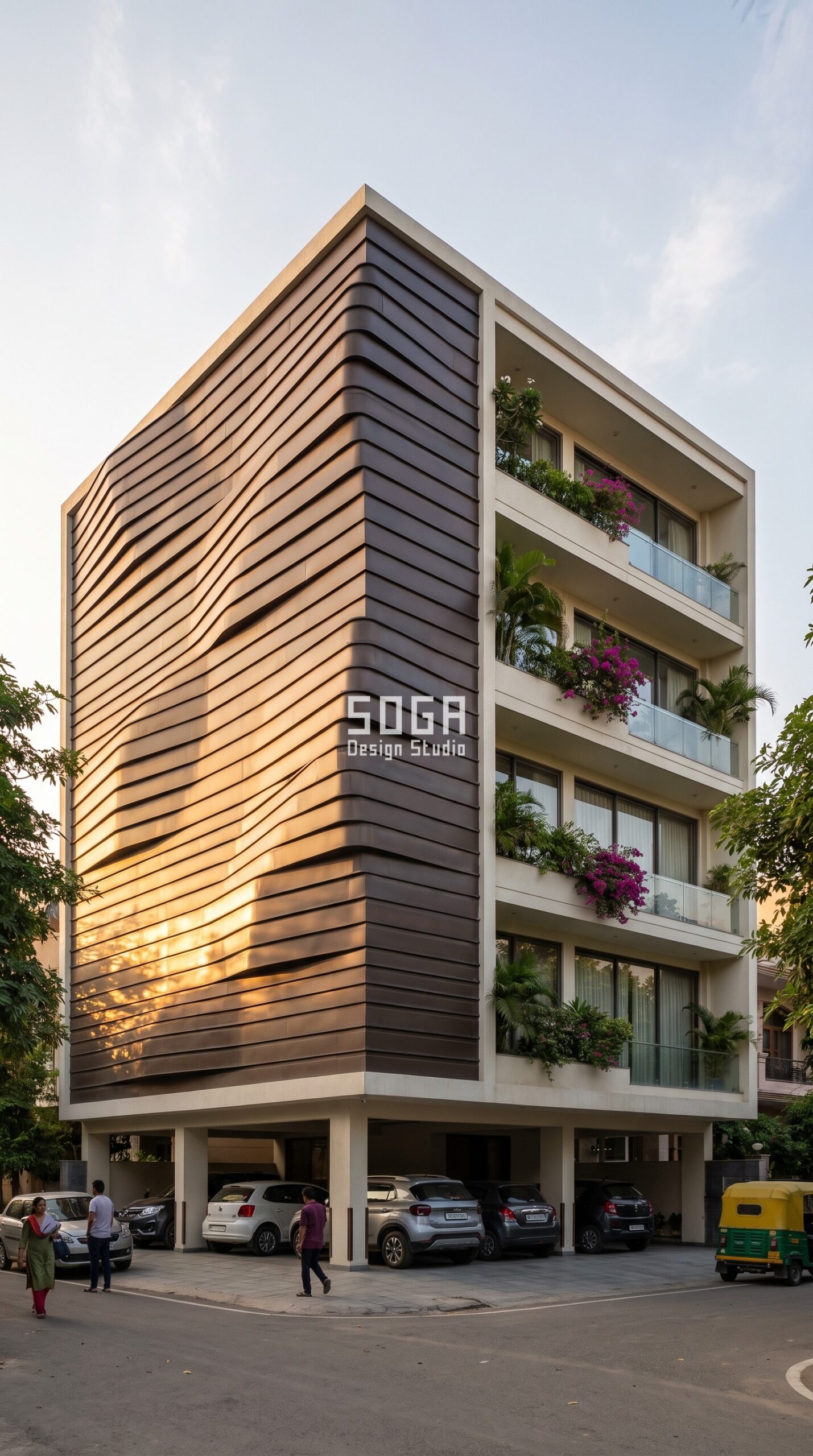 Stilt Parking House Facade Design India 2026 7 Stacked metal course relief in architectural metal - stilt parking house facade design Chandigarh - SOGA Design Studio