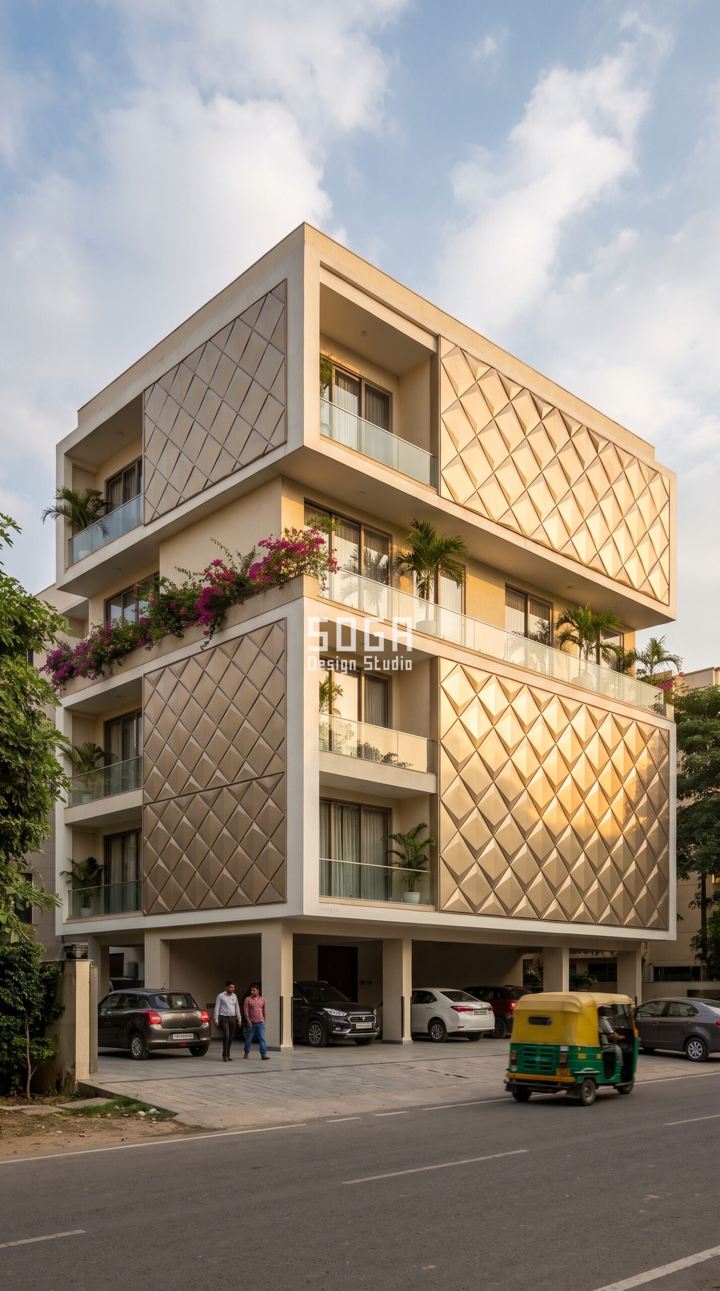 Stilt Parking House Facade Design India 2026 5 Diamond quilted relief in architectural metal - stilt parking house facade design Indore - SOGA Design Studio