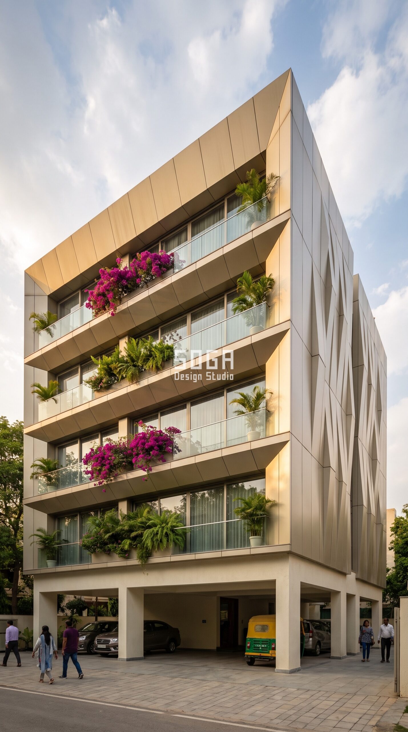 Stilt Parking House Facade Design India 2026 3 Folded faceted origami skin in architectural metal - stilt parking house facade design Kolkata - SOGA Design Studio
