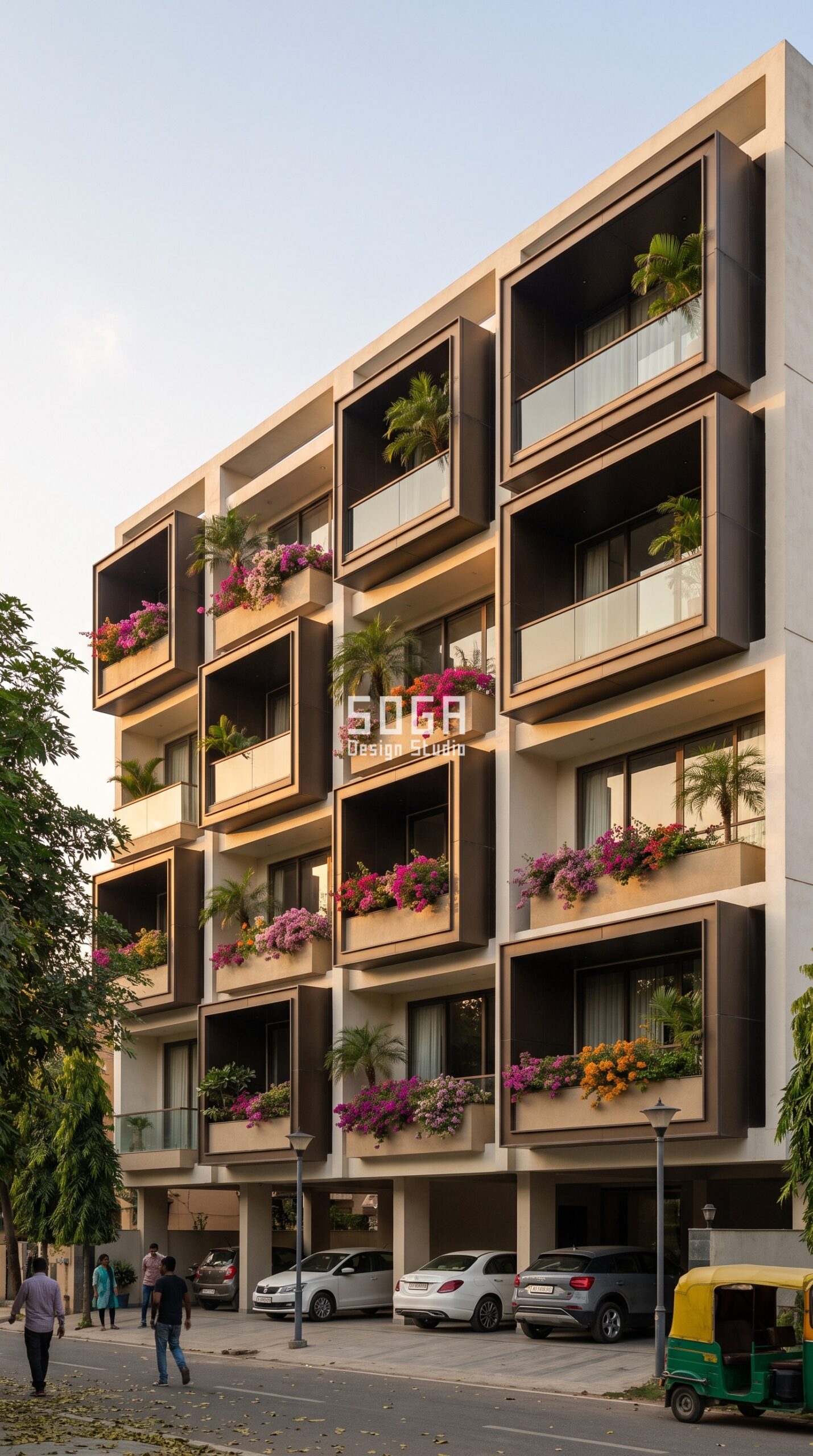Stilt Parking House Facade Design India 2026 8 Flared metal-framed balcony boxes in architectural metal - stilt parking house facade design Nagpur - SOGA Design Studio
