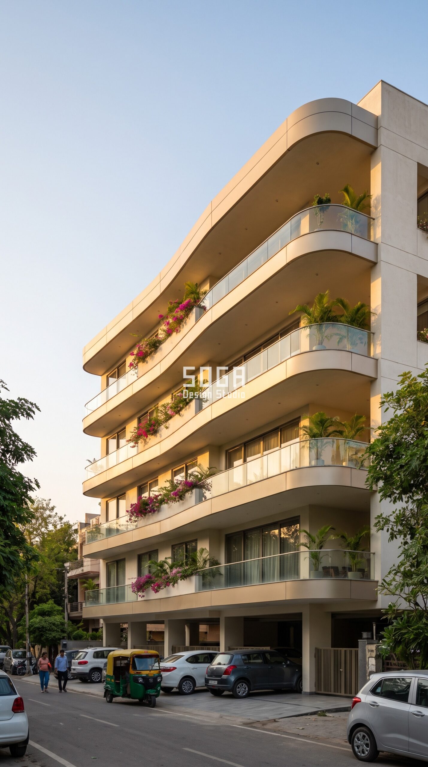 Stilt Parking House Facade Design India 2026 1 Organic curved balcony ribbons in architectural metal - stilt parking house facade design New Delhi - SOGA Design Studio