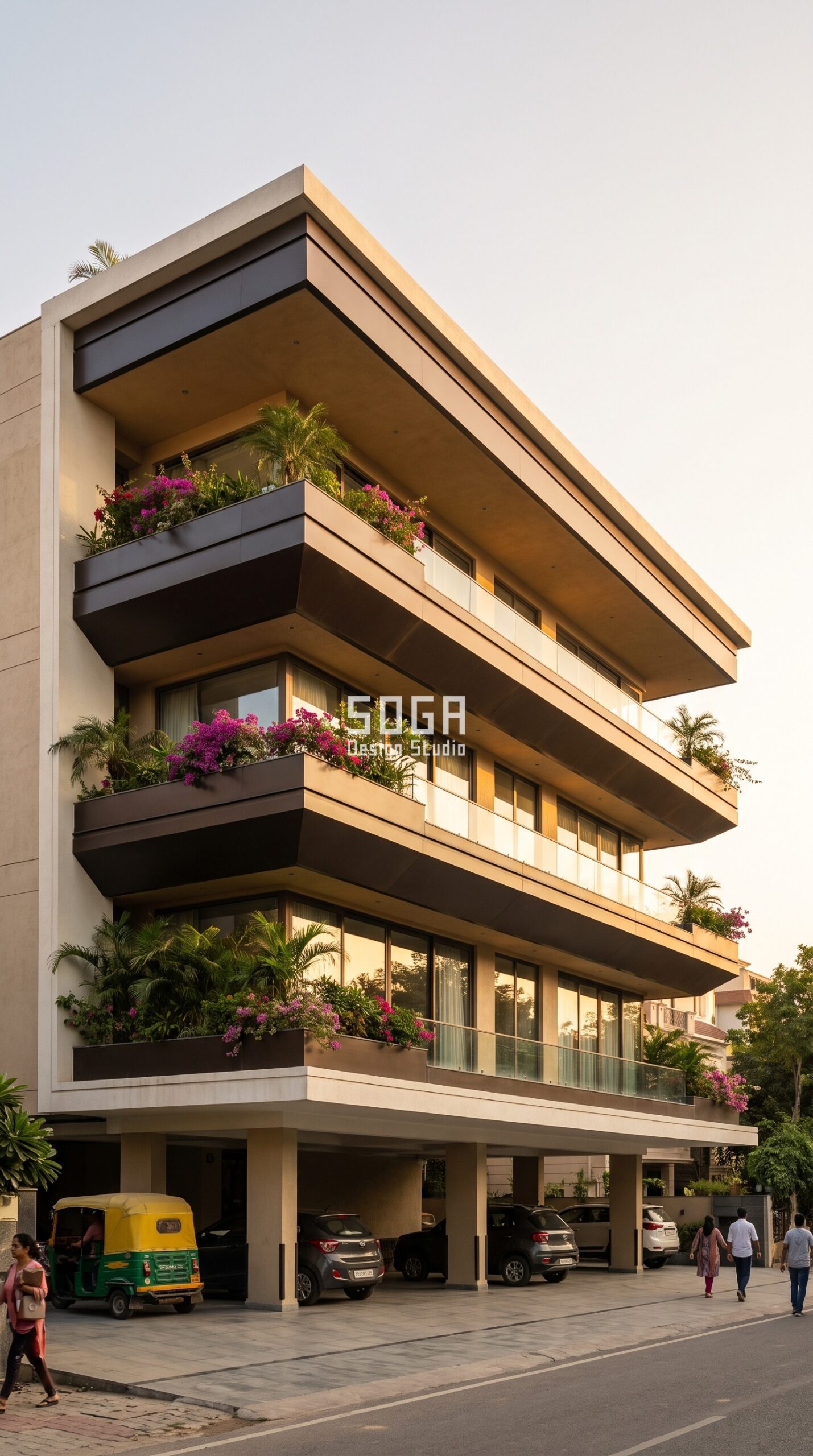 Stilt Parking House Facade Design India 2026 2 Stacked cantilevered slabs in architectural metal - stilt parking house facade design Noida - SOGA Design Studio