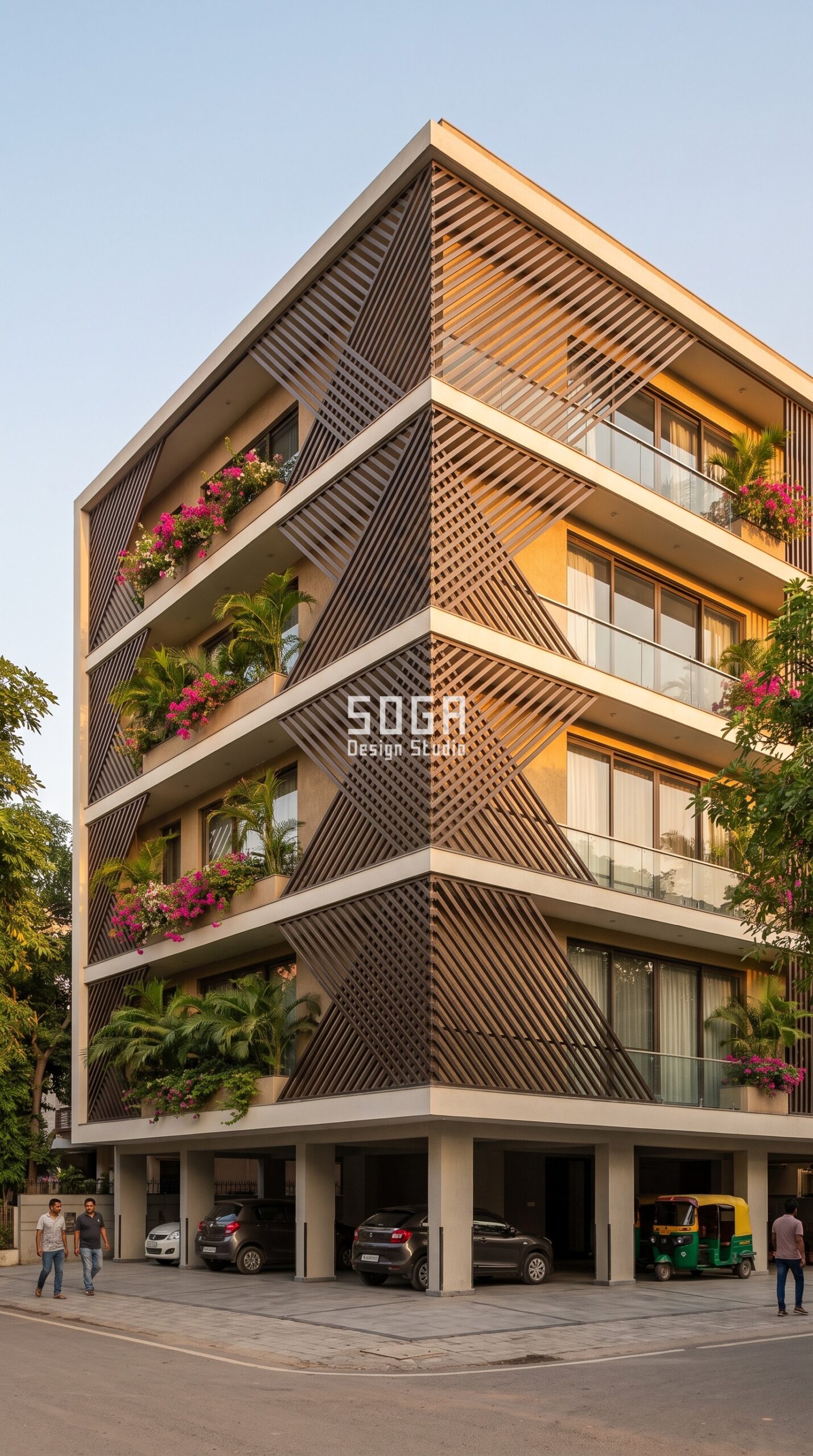 Stilt Parking House Facade Design India 2026 4 Diagonal woven metal skin in architectural metal - stilt parking house facade design Surat - SOGA Design Studio
