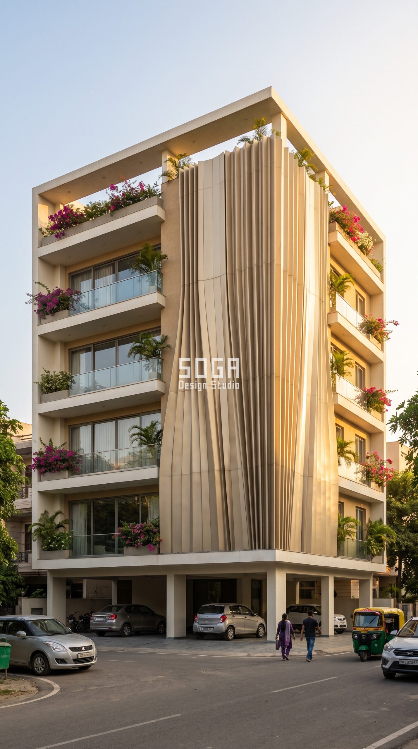 Stilt Parking House Facade Design India 2026 6 Draped curtain folds in architectural metal - stilt parking house facade design Vadodara - SOGA Design Studio