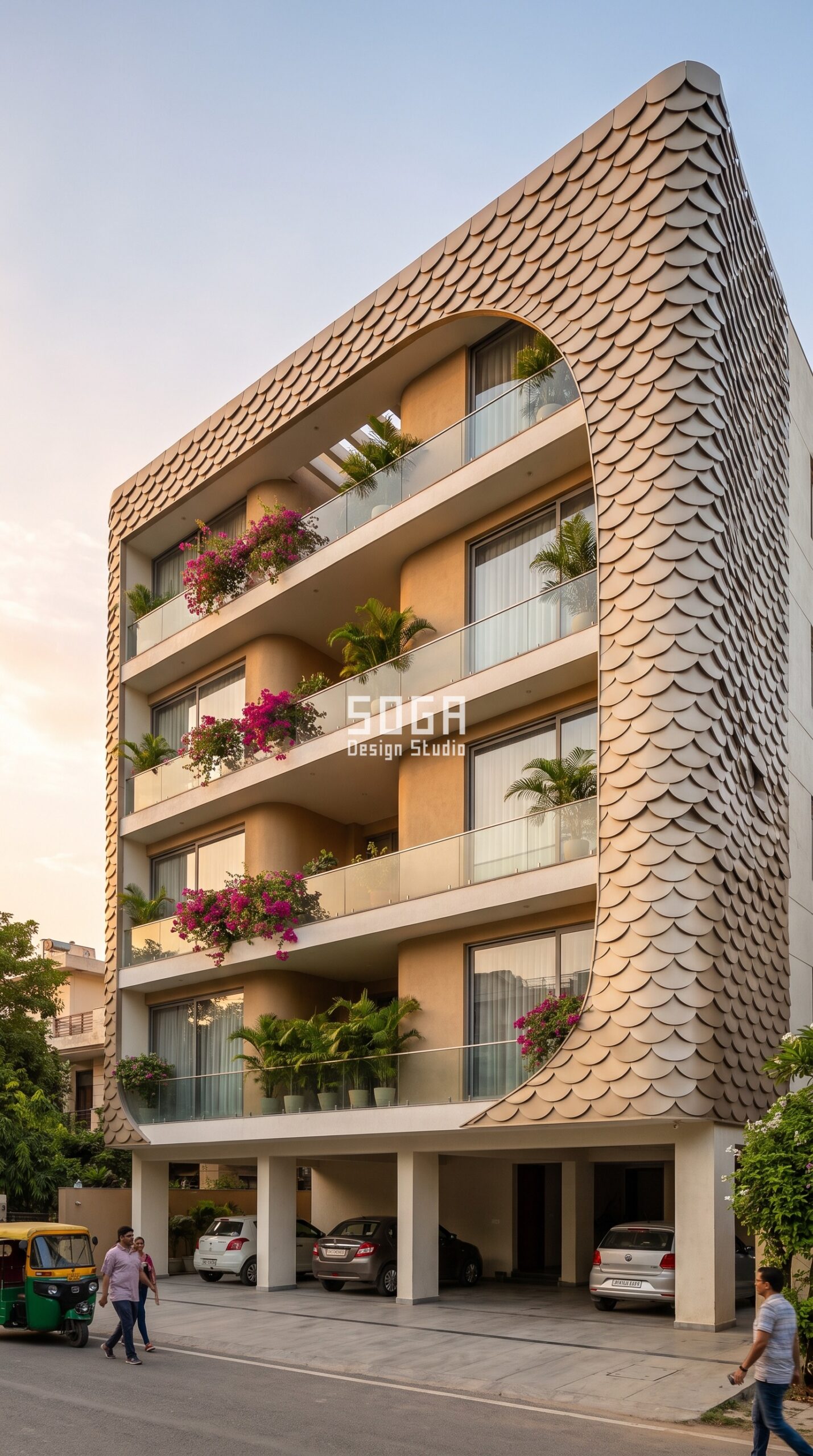 Stilt Parking House Facade Design India 2026 10 Metal scale shingle skin in architectural metal - stilt parking house facade design Visakhapatnam - SOGA Design Studio