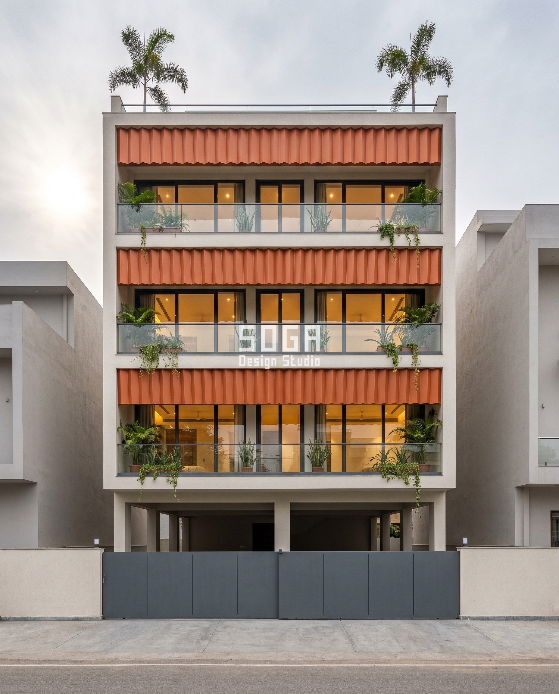 Black Streaks On House Elevation: Litres Per Metre Of Edge 5 Tandoor-orange PVDF press-braked pleat bands on a G+4 residence in Mahesh Nagar, Ambala, the crease direction raked from minus 35 to plus 35 degrees so each band works as two shallow gutters delivering to the rainwater pipes at both ends.