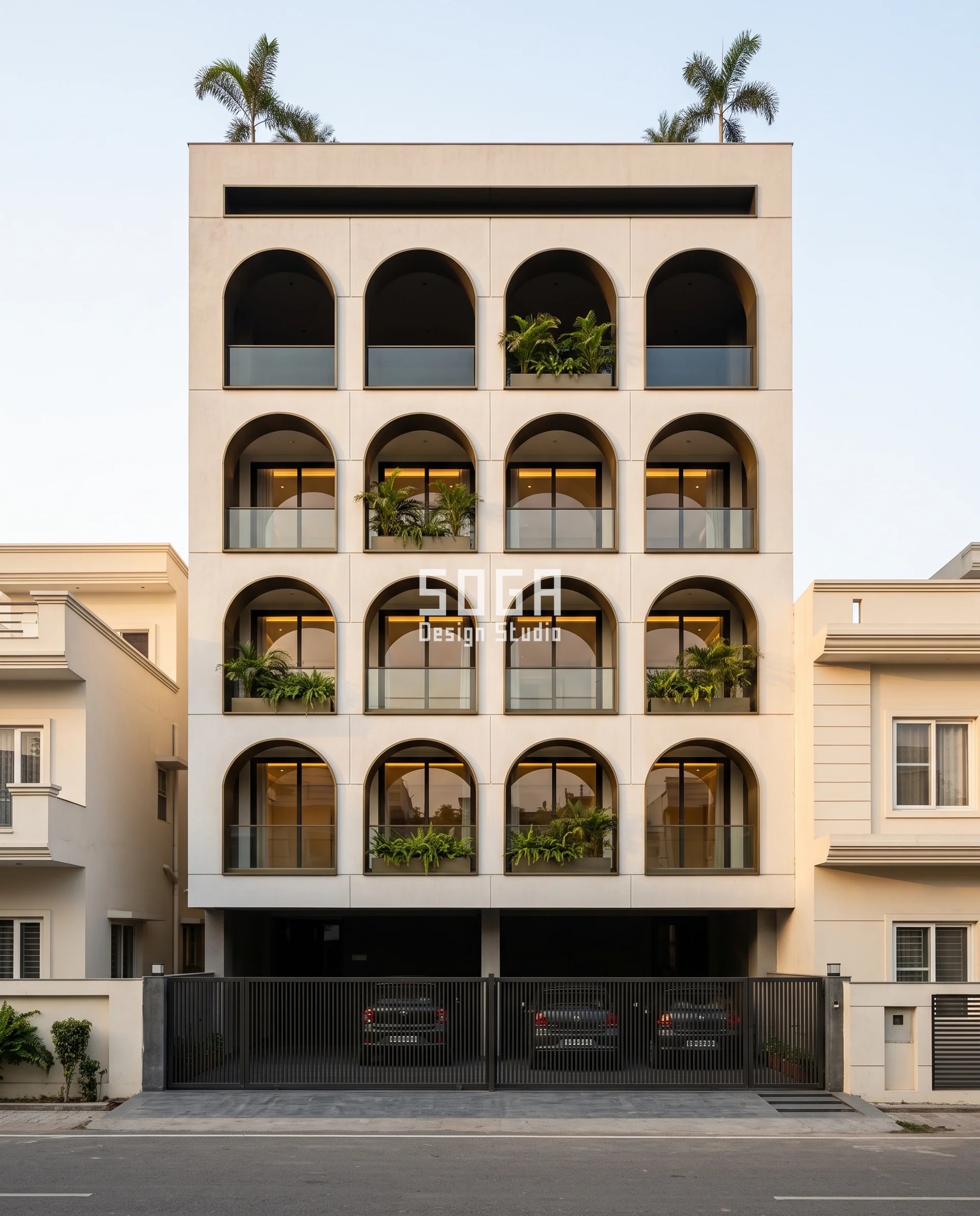 Reduce Road Noise House Facade India: Depth, Not Gaps 1 Full elevation of a G+4 Meerut residence carrying sixteen identical arch-headed loggia niches, every opening the same size but cut deeper into the plaster as the floors rise, an olive-bronze lined reveal wrapping each jamb, head and sill - depth rather than tighter gaps used to reduce road noise on a house facade in India.