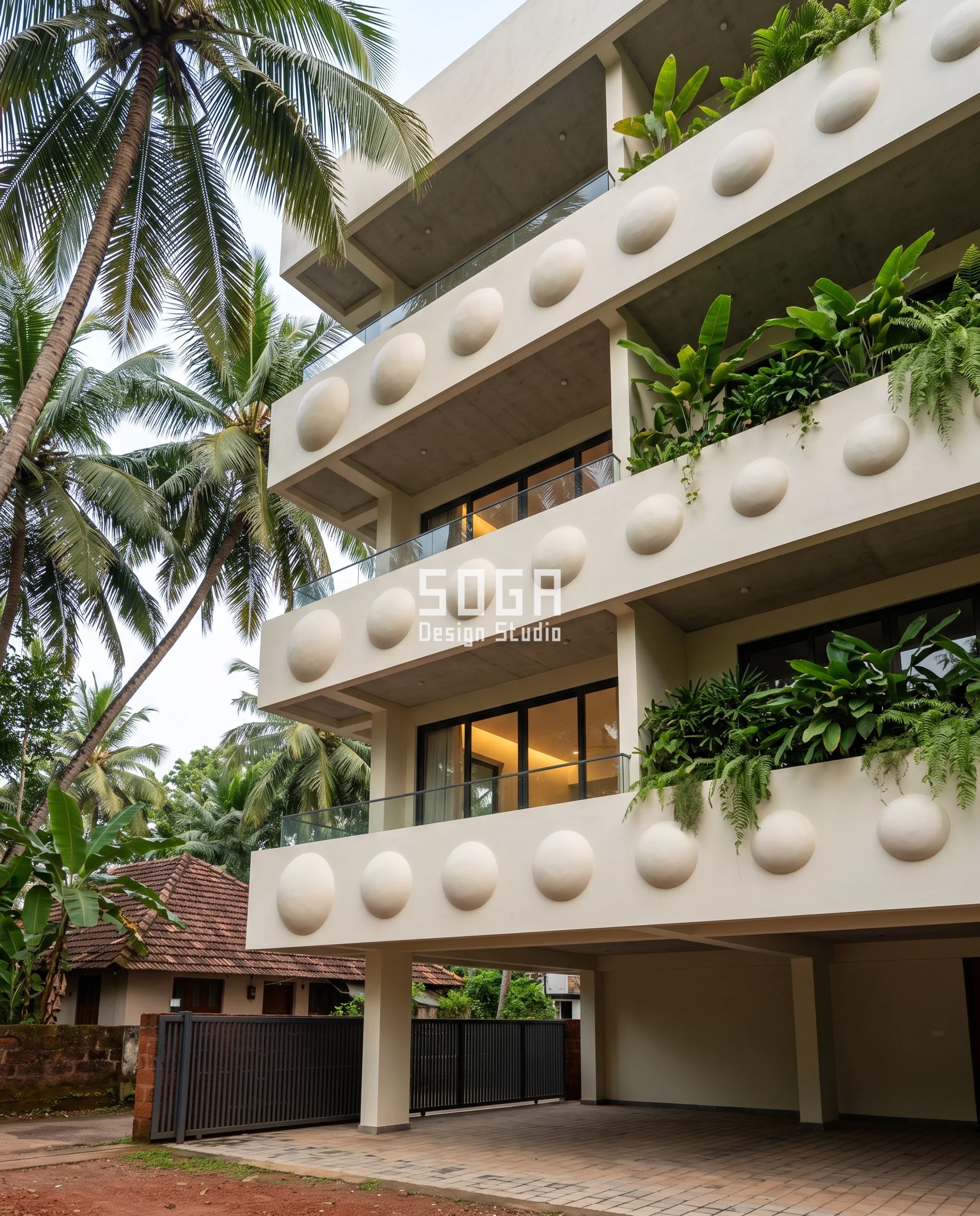 Developable vs Double Curvature Facade India: Fix the Sign 3 Steep upward view into the stacked balcony soffits of a G+4 Kozhikode residence, rows of shallow spherical blisters swelling outward from the ivory parapet bands with no rim or ledge at their edge - a synclastic, positively curved double curvature facade in India built as a hand-trowelled shell.