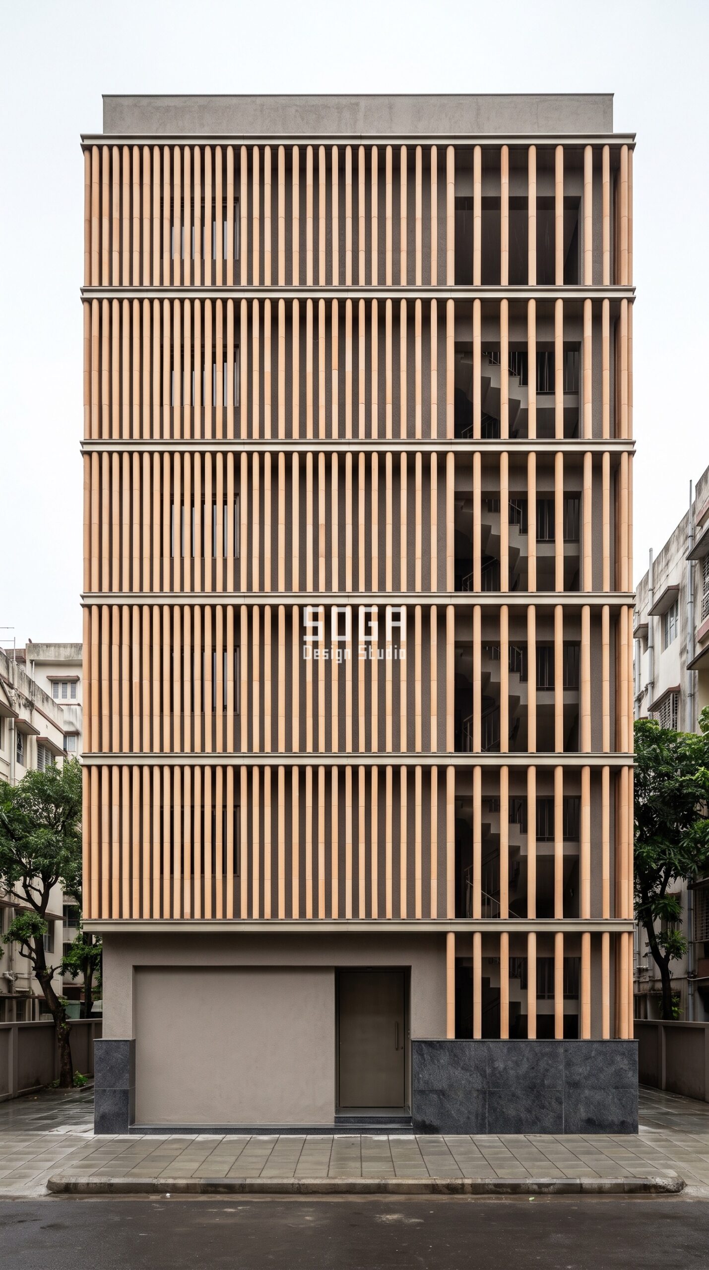 Parametric Reed Gradient terracotta screen apartment facade Kolkata - SOGA Design Studio