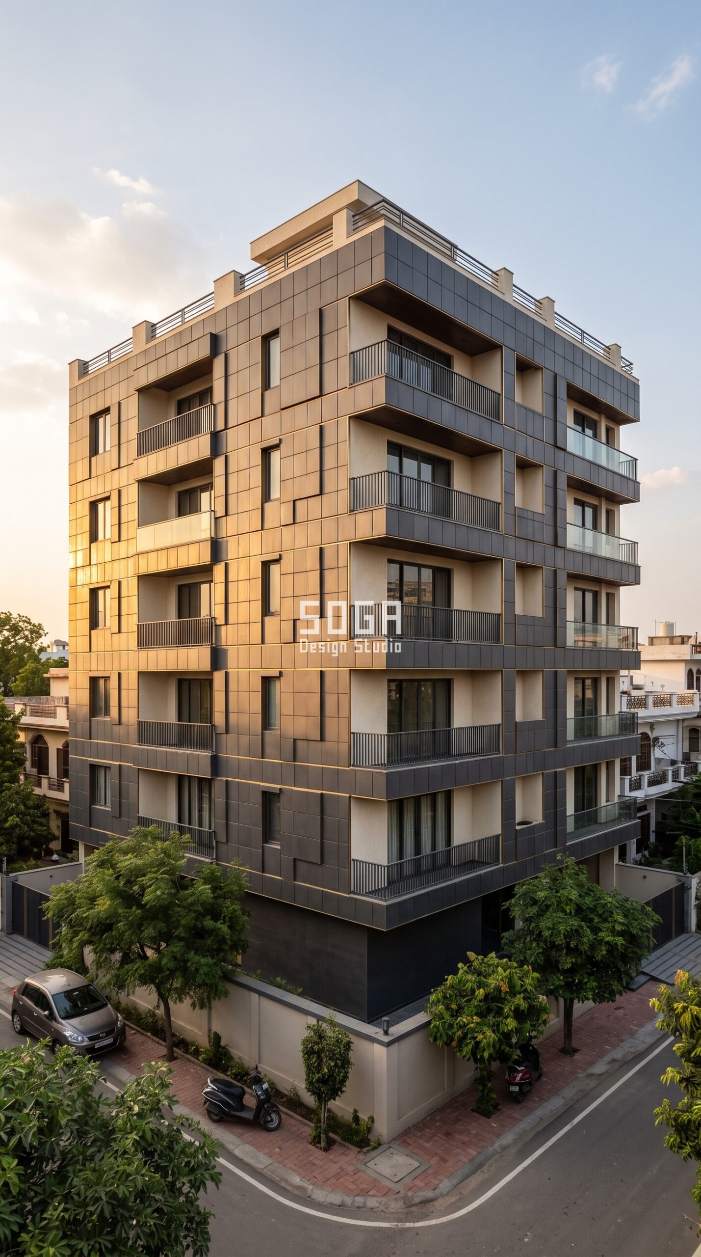 Parametric Clay Relief glazed terracotta cassette apartment facade Lucknow - SOGA Design Studio