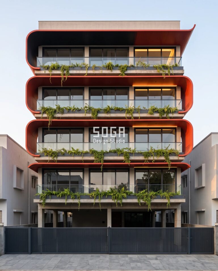 Four vermilion-red rolled aluminium balcony curls stacked up a G+4 Rourkela residence, each one reaching further out than the band below it, showing facade projection in front setback India limits allow when the depth is turned on edge instead of laid flat.