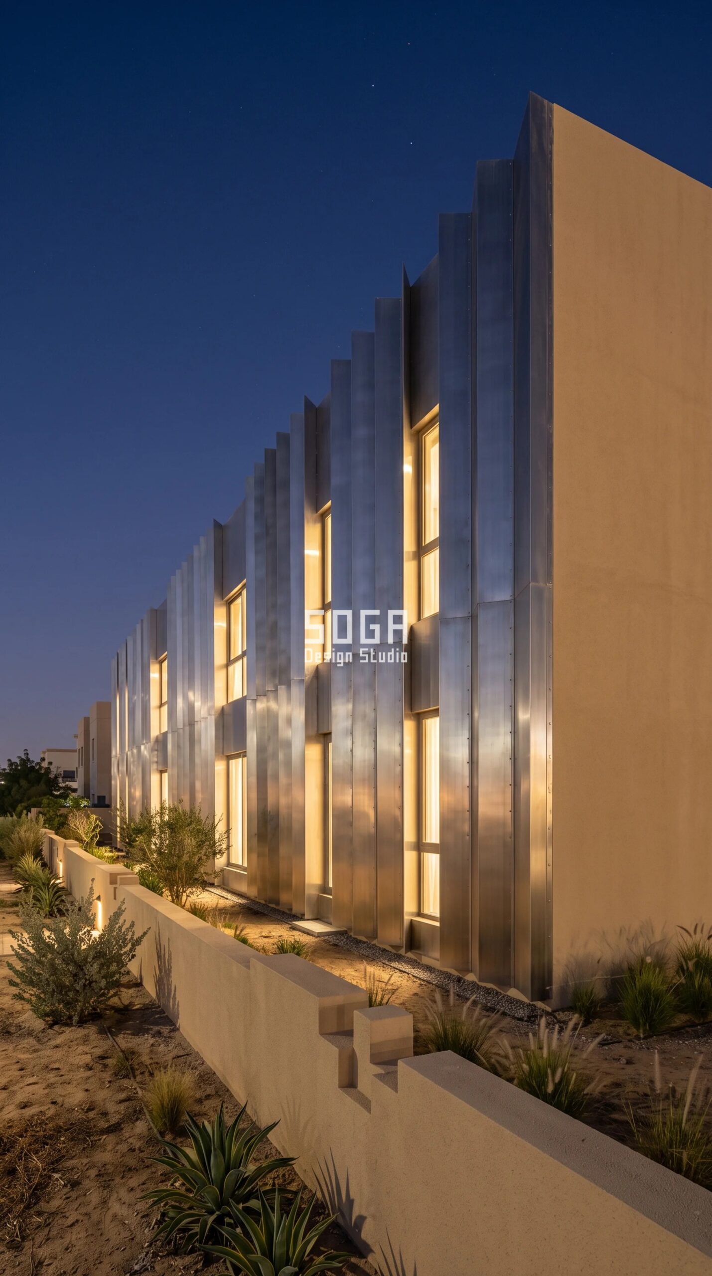 Parametric Flank Pleat Array reskin on a G+1 villa in Khalifa City, Abu Dhabi — 316L stainless pleats ramping 12 to 38 degrees on the side elevation with the front facade left unchanged
