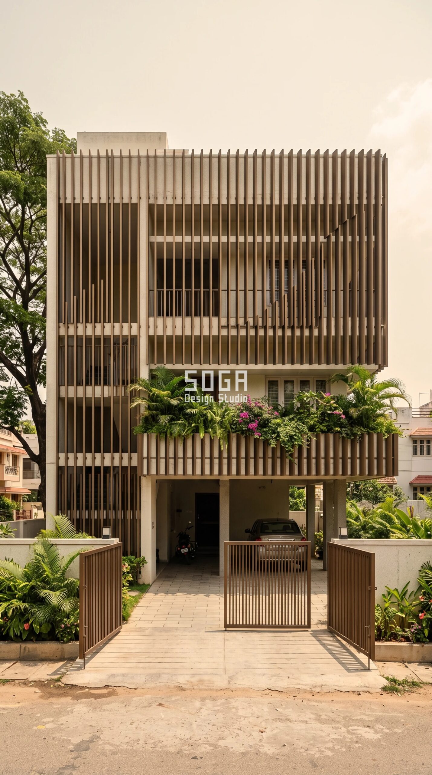 Parametric Verandah Rib Screen reskin on a G+2 bungalow in Sadashivanagar, Bengaluru — bronze-anodised metal ribs projecting 90 mm to 560 mm in a graded sequence