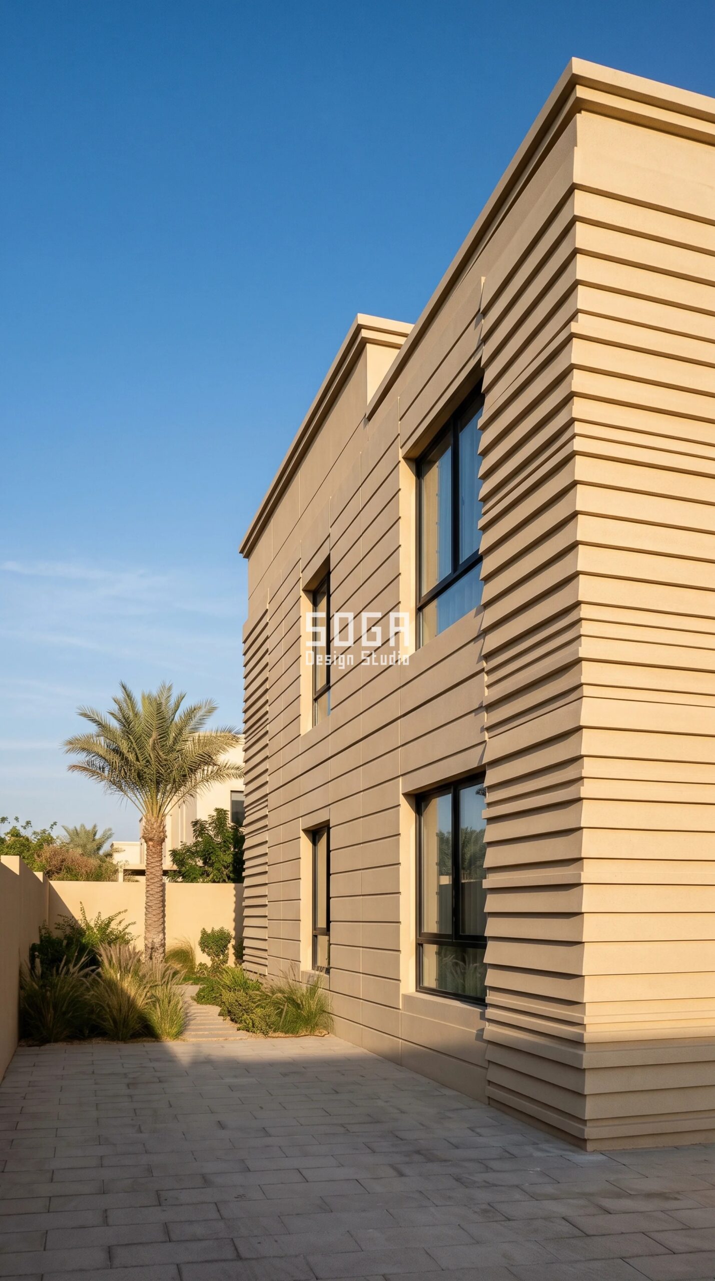 Parametric Shadow-Course Relief Wall reskin on a G+1 villa in Jumeirah Park, Dubai — sand-beige GRC cassettes with stepped relief coursing and zero outward projection
