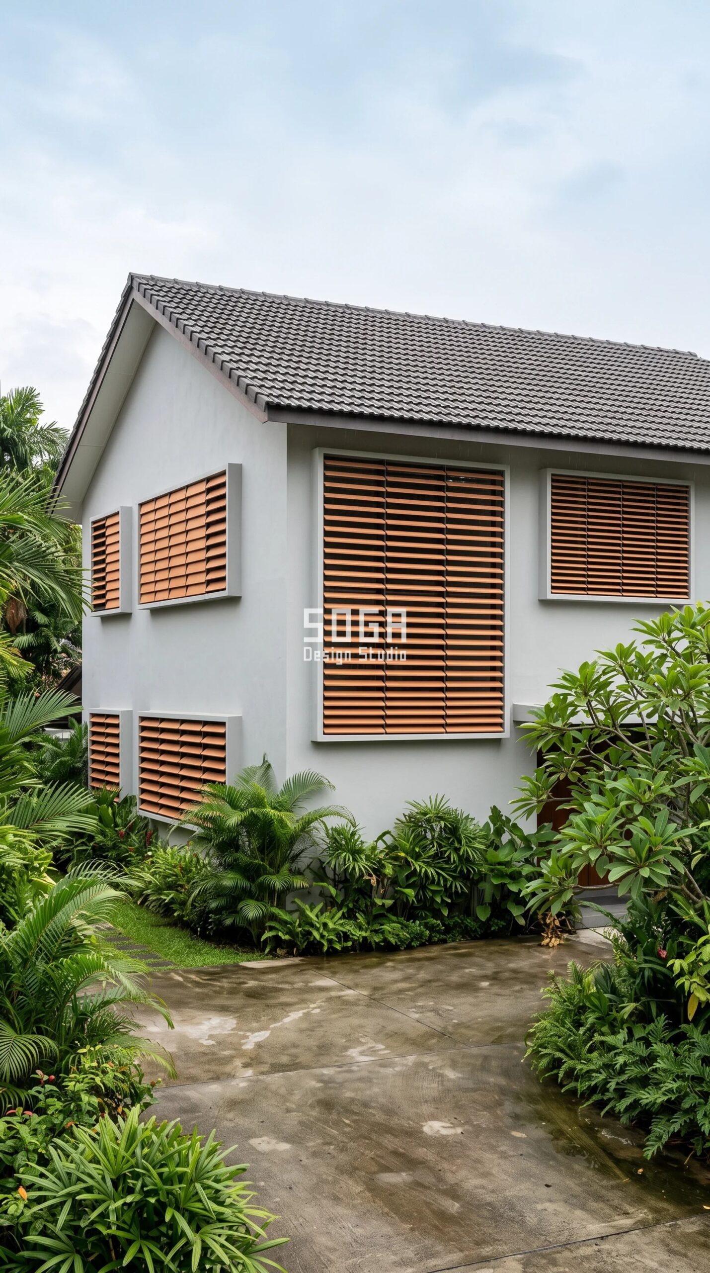 Parametric Inboard Louvre Sleeve reskin on a 2-storey landed house in Bukit Timah, Singapore — terracotta blades tapering 100 mm to 40 mm for a zero-bulk facade
