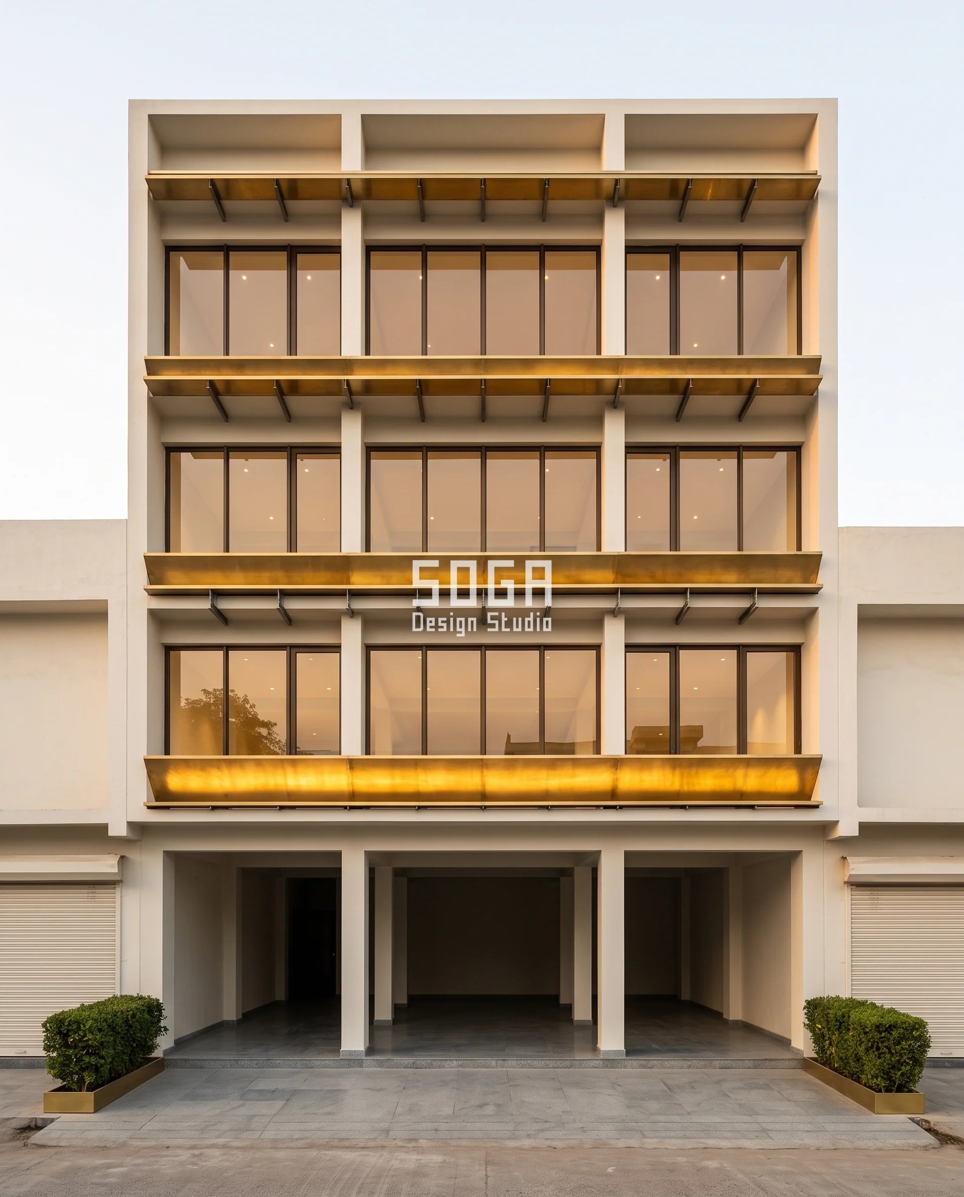 Full four-storey brass wash-tray elevation of a Bilaspur showroom, the raked tray top faces flaring wider and brighter floor by floor above each dark window - a lit edge that helps reduce sun glare at a living room window in India without dimming the glass