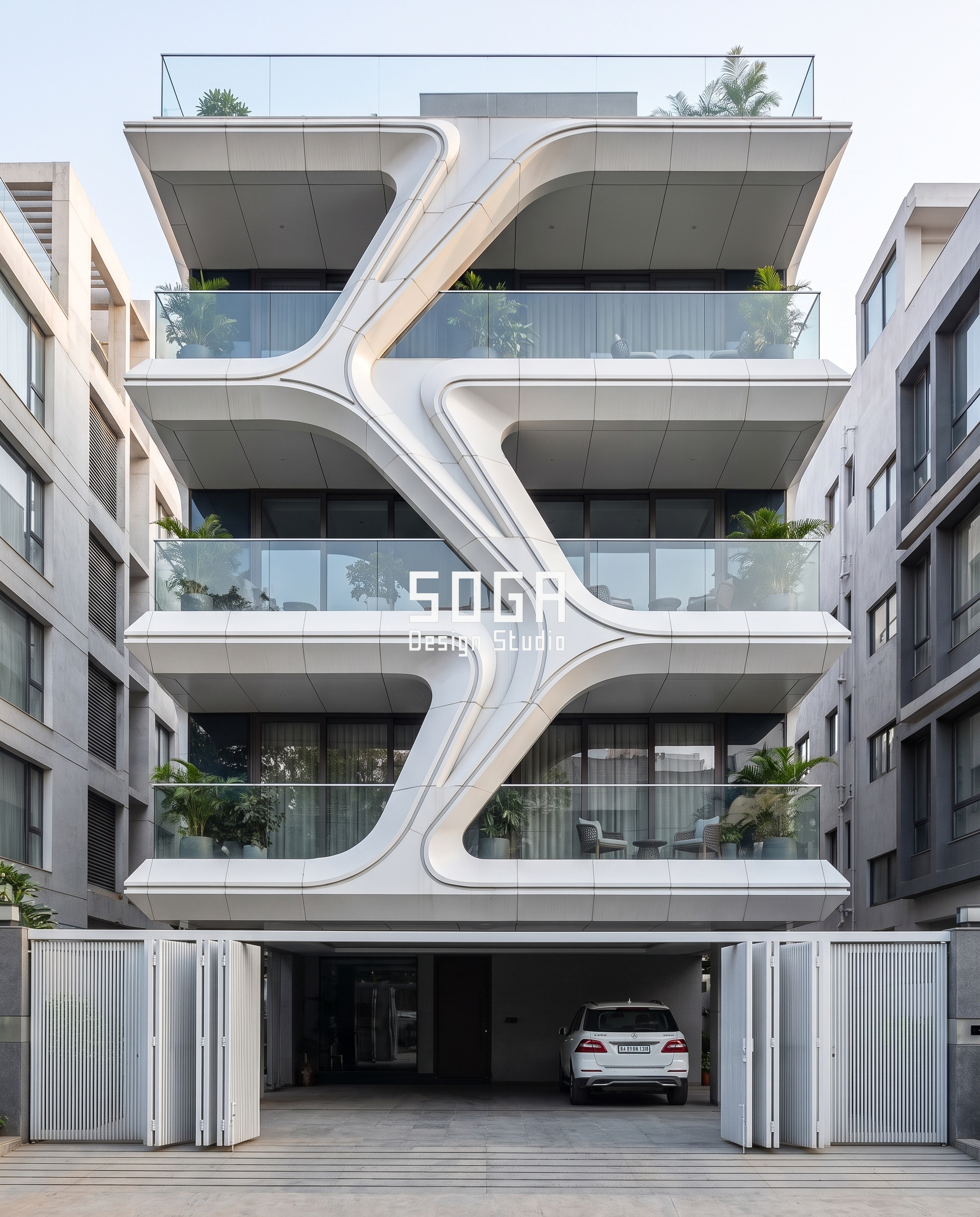 Balcony Facade Design India 2026: Ideas, Cost & Details 3 White branching structural facade carrying column-free cantilever balconies - SOGA Design Studio