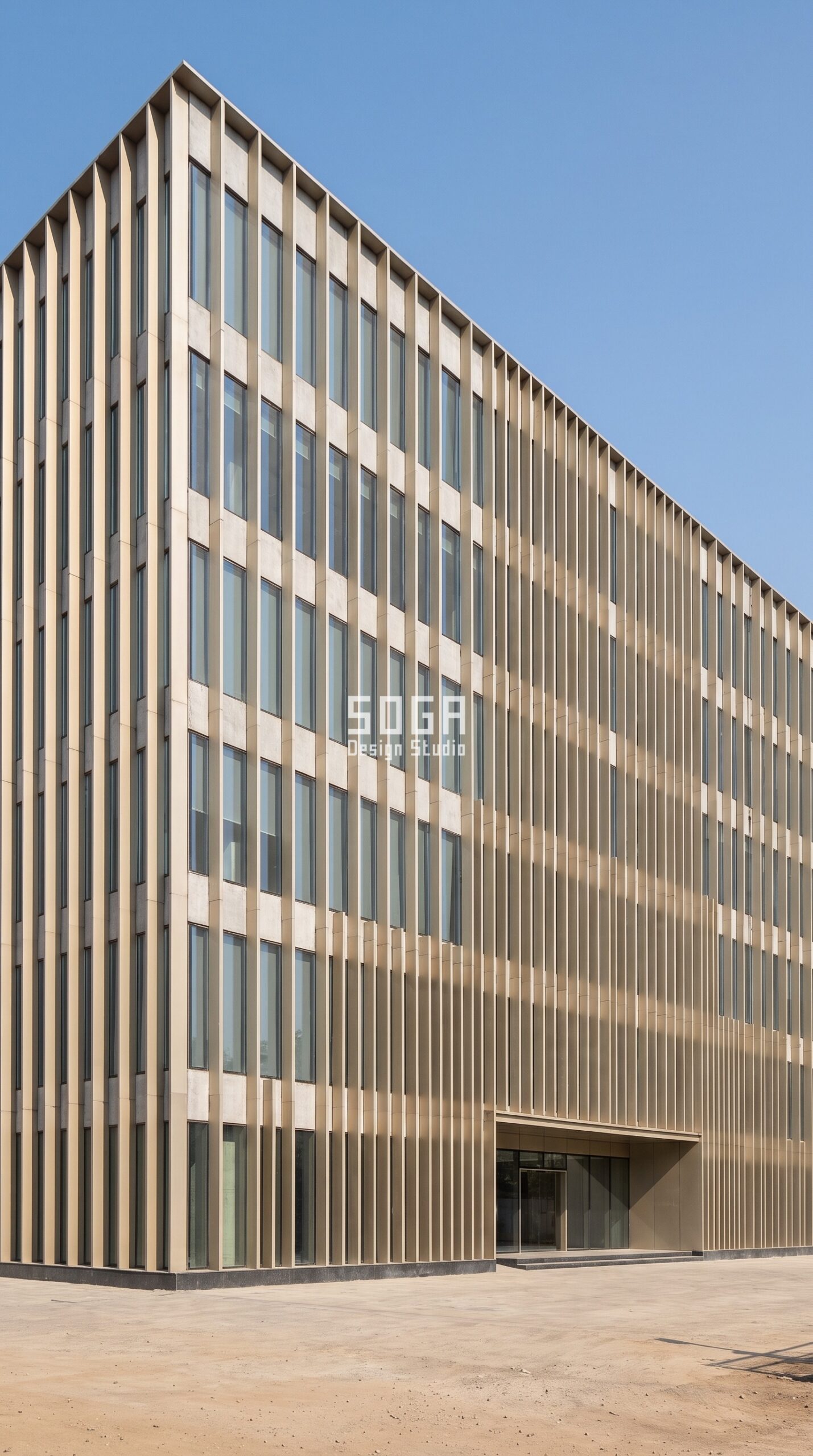 Why Facade Design Matters for Commercial Buildings 2026 7 Commercial office facade with distinctive champagne fin rhythm wrapping the corner, Mumbai India - SOGA Design Studio