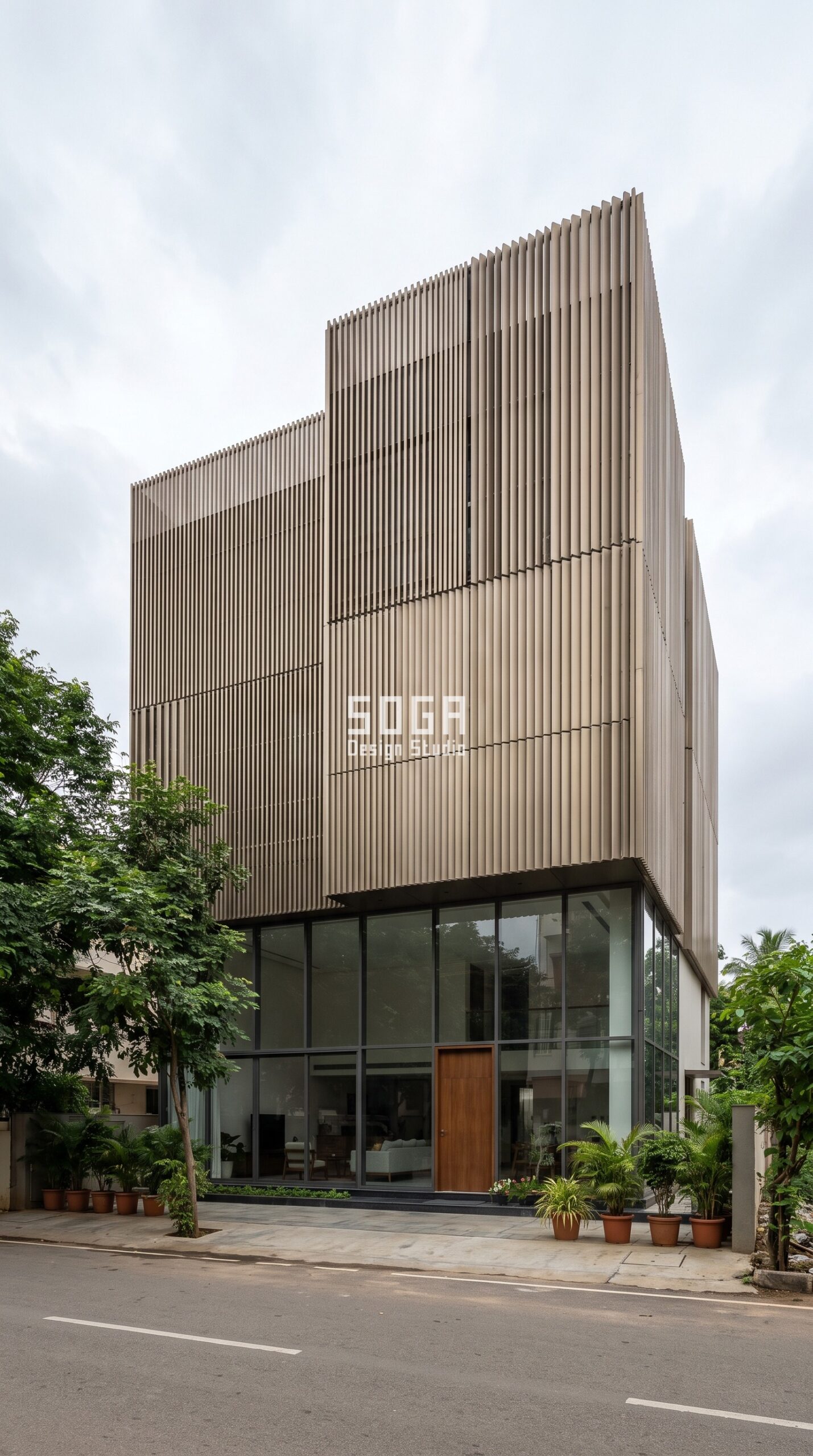 Why Elevation Design Matters: 7 Factors for Indian Homes 2 House elevation with vertical blade screen for privacy on a tight plot, Bengaluru India - SOGA Design Studio