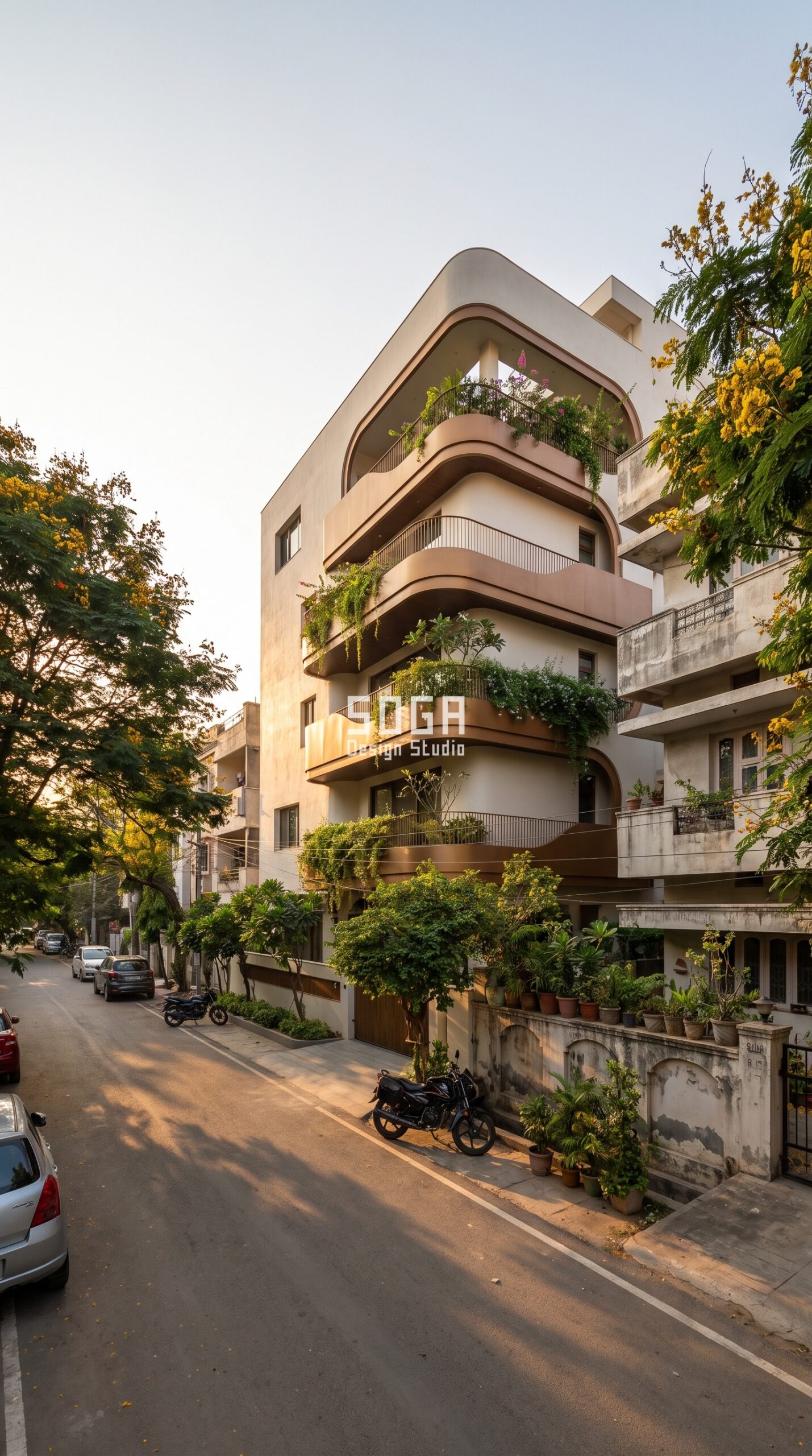 Why Elevation Design Matters: 7 Factors for Indian Homes 4 Striking house elevation with flowing bronze ribbon on balcony edges at golden hour, Hyderabad India - SOGA Design Studio