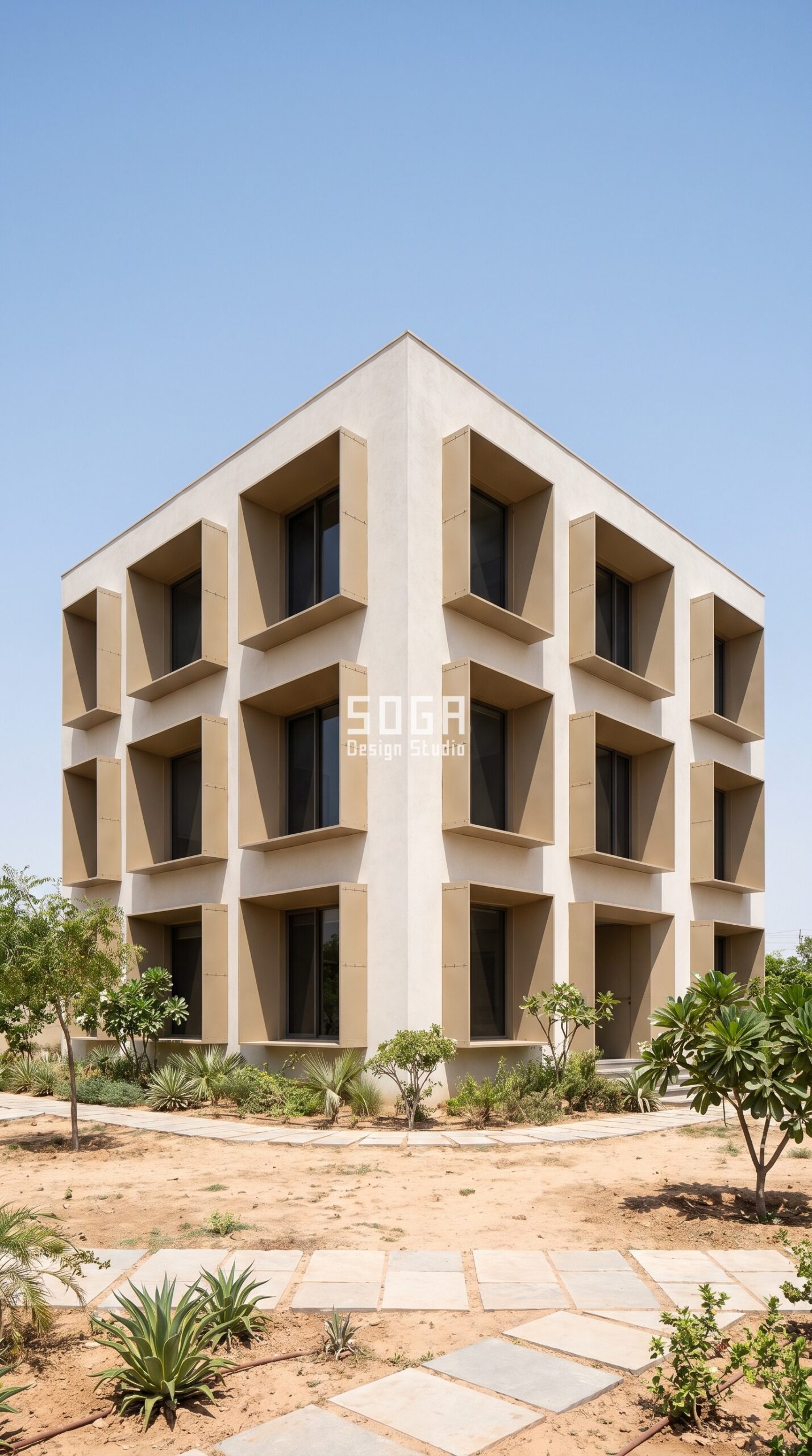 Why Elevation Design Matters: 7 Factors for Indian Homes 8 Deep-shade house elevation with projecting hoods casting hard shadows, Jaipur India - SOGA Design Studio
