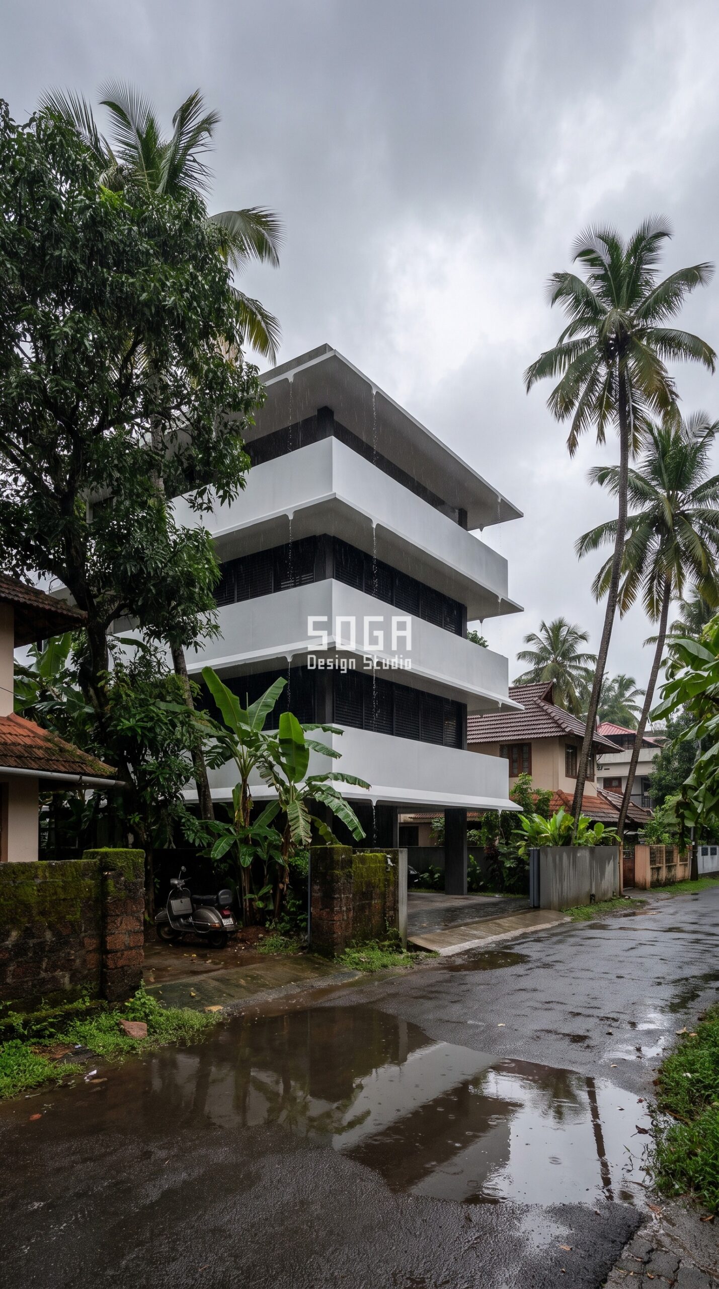 Why Elevation Design Matters: 7 Factors for Indian Homes 5 House elevation with wide canopy shells and drip edges shedding monsoon rain, Kochi India - SOGA Design Studio